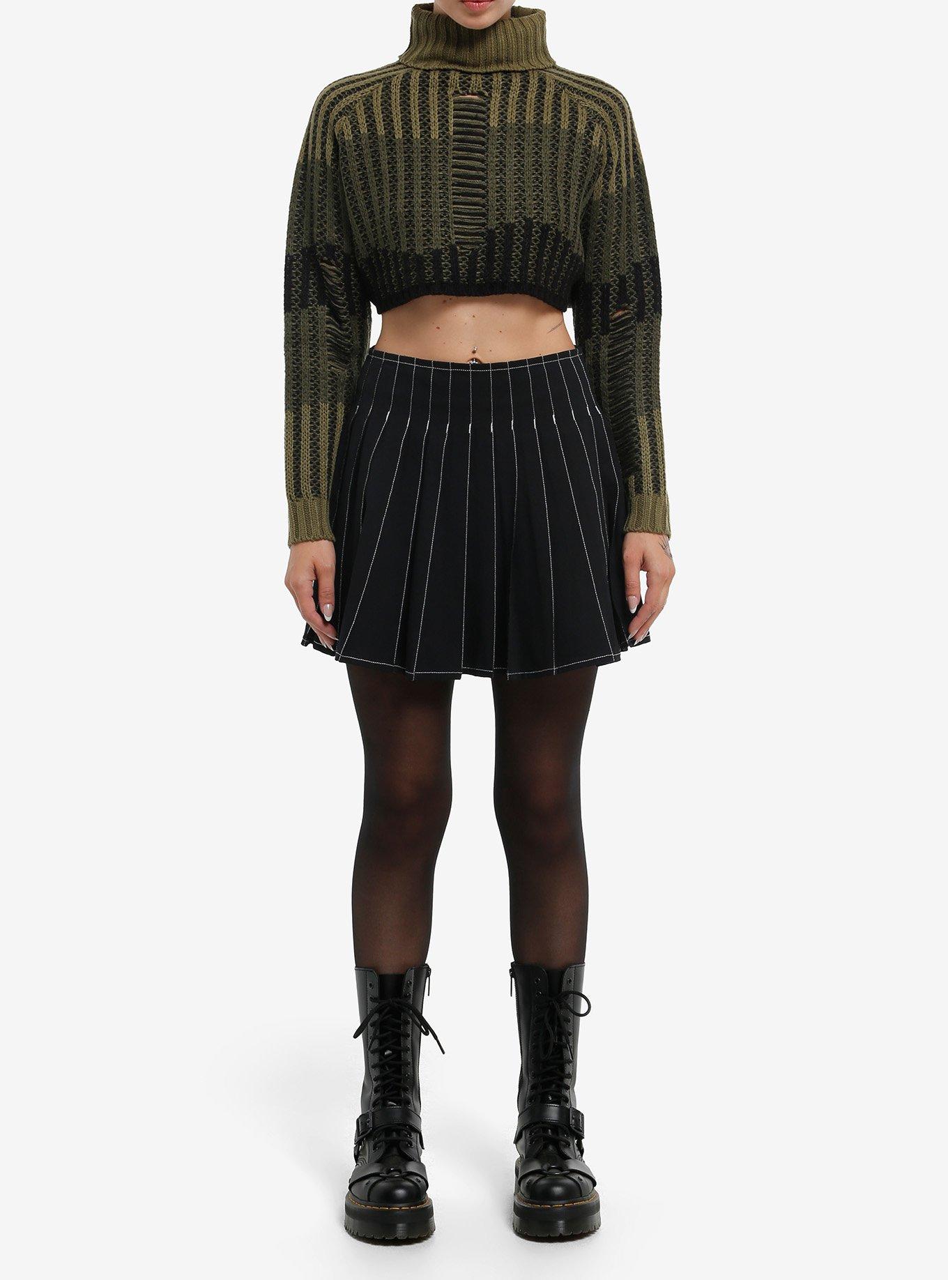 Green Stripe Destructed Girls Crop Sweater, , hi-res