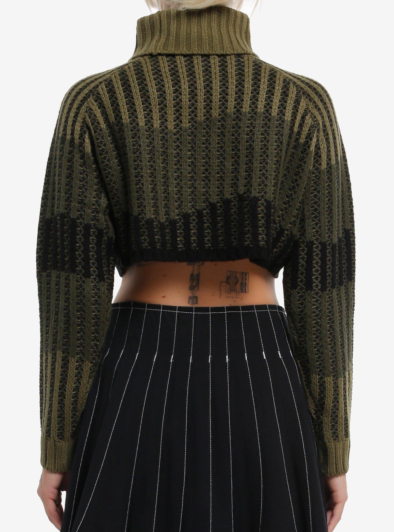 Green Stripe Destructed Girls Crop Sweater, GREEN, alternate