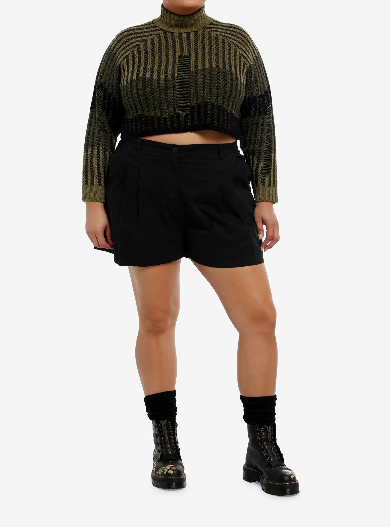 Green Stripe Destructed Girls Crop Sweater Plus Size, , hi-res