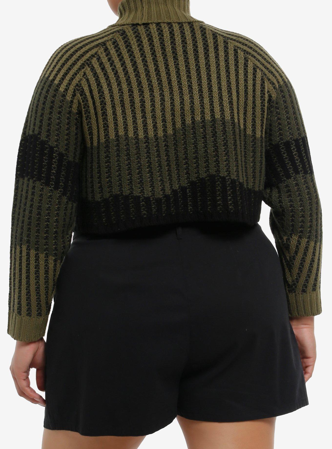 Green Stripe Destructed Girls Crop Sweater Plus Size, GREEN, alternate