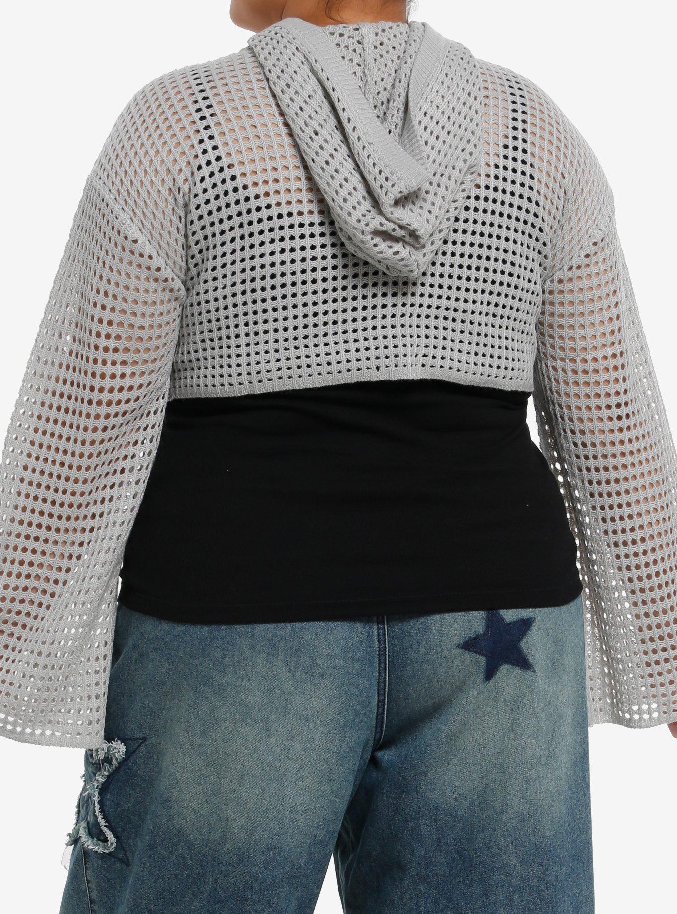 Thorn & Fable Light Grey Girls Crop Knit Hoodie Plus Size, SILVER, alternate