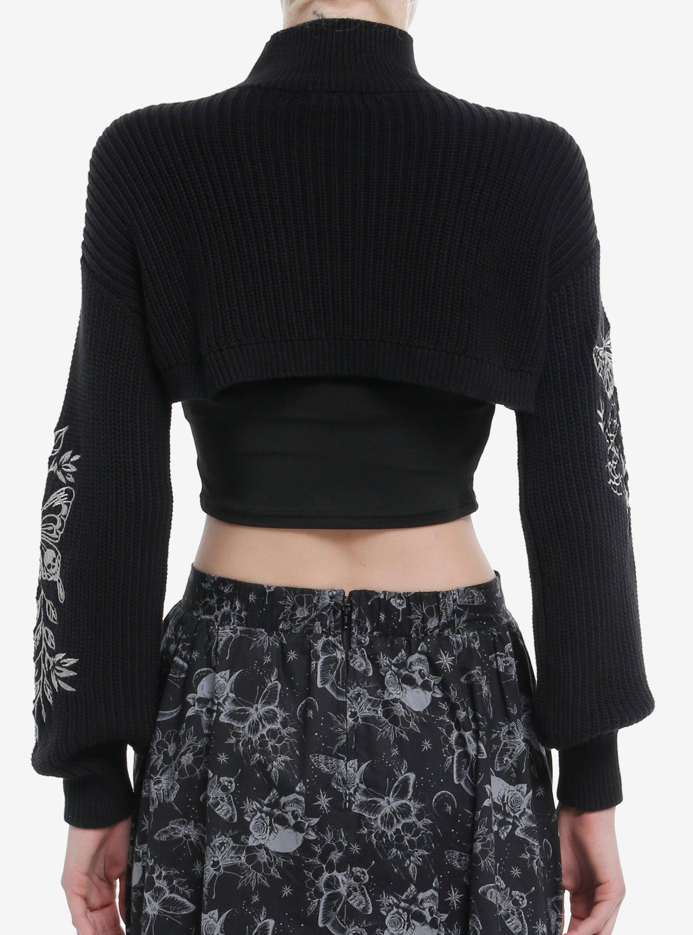 Cosmic Aura Death's-Head Moth Embroidered Mock Neck Bolero Girls Crop Shrug, , alternate