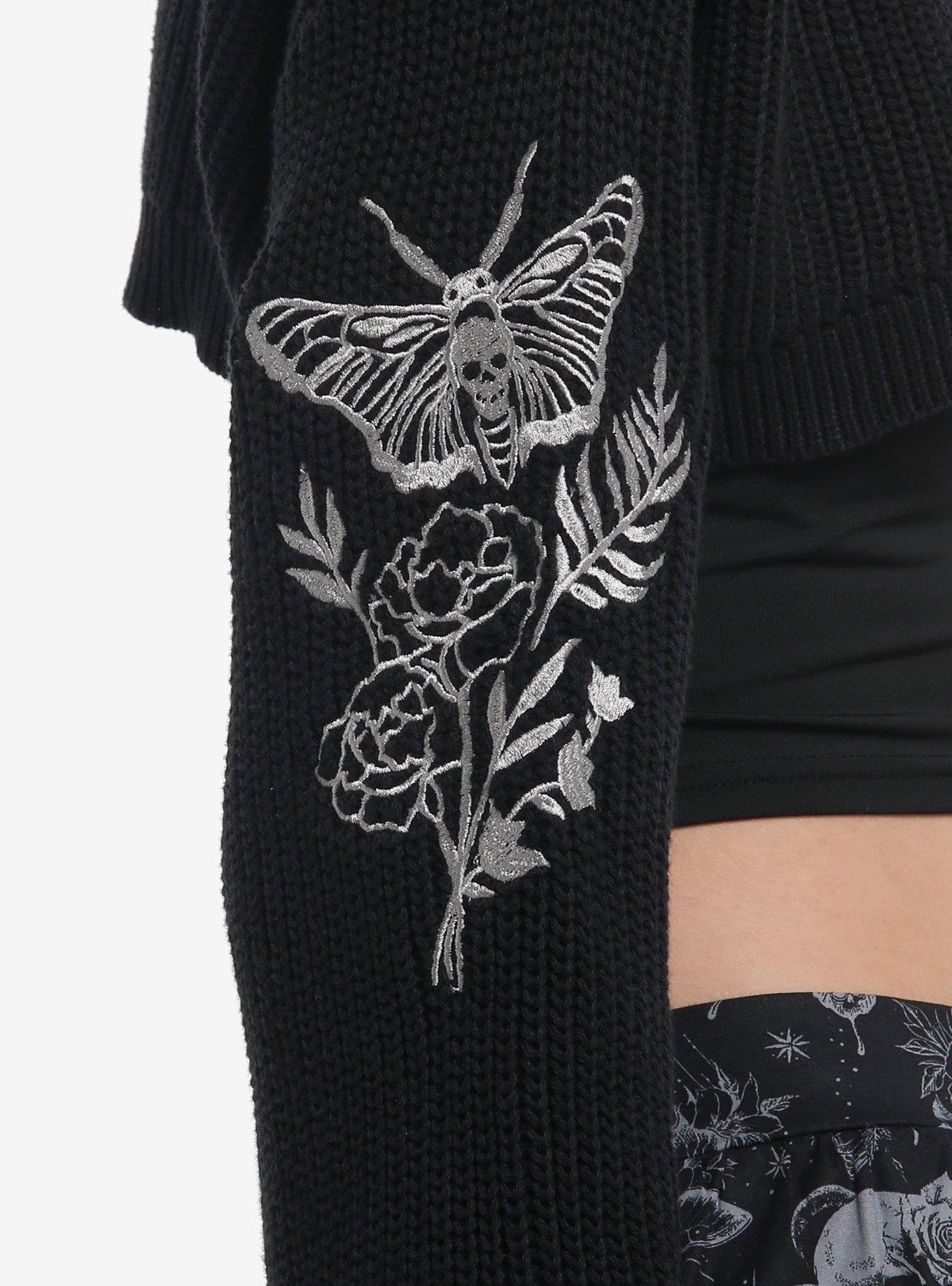Cosmic Aura Death's-Head Moth Embroidered Mock Neck Bolero Girls Crop Shrug, , alternate