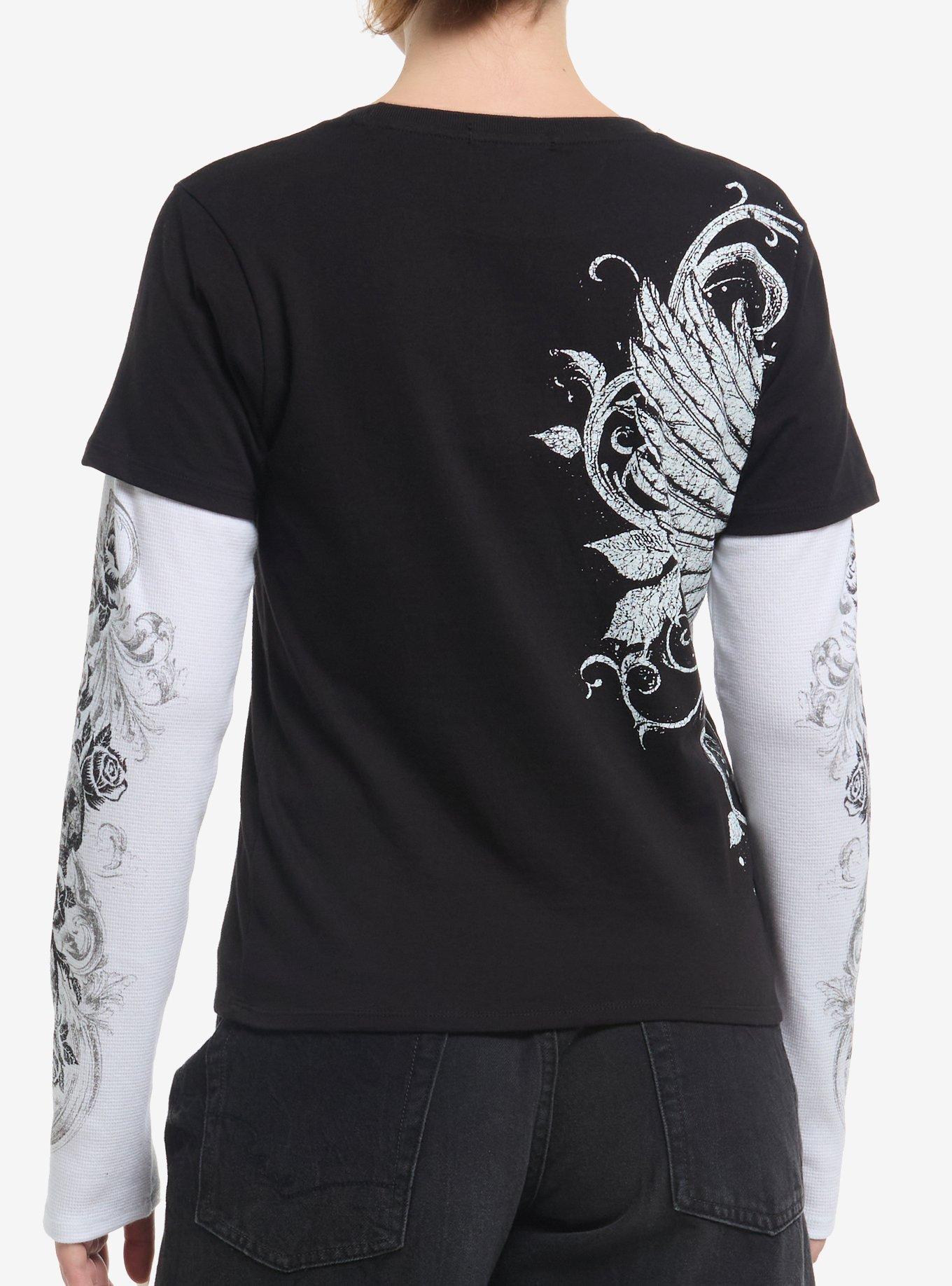 Black & White Winged Skull & Filigree Girls Twofer Long-Sleeve T-Shirt, , hi-res