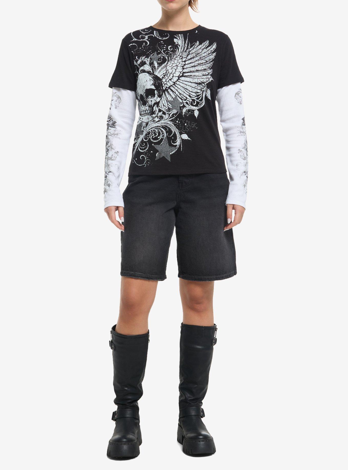 Black & White Winged Skull & Filigree Girls Twofer Long-Sleeve T-Shirt, , alternate
