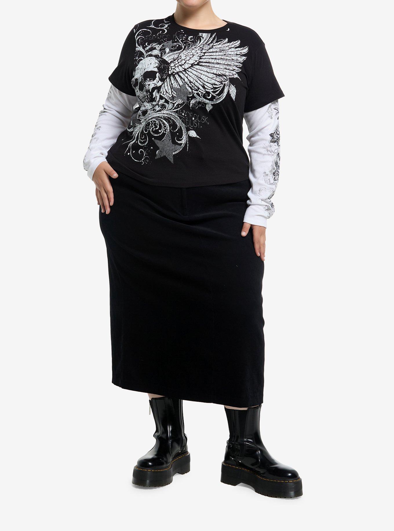 Black & White Winged Skull & Filigree Girls Twofer Long-Sleeve T-Shirt Plus Size, , hi-res