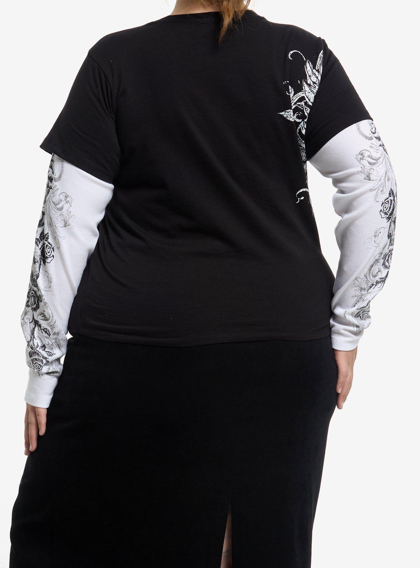 Black & White Winged Skull & Filigree Girls Twofer Long-Sleeve T-Shirt Plus Size, , alternate
