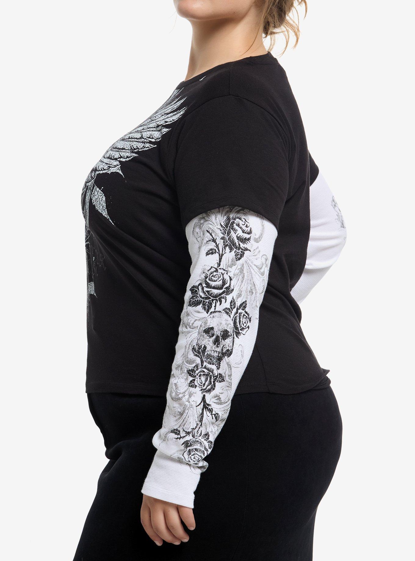 Black & White Winged Skull & Filigree Girls Twofer Long-Sleeve T-Shirt Plus Size, , alternate