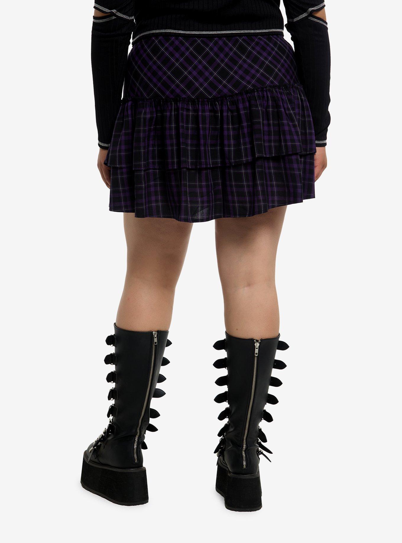 Purple & Black Plaid Tiered Mini Skirt Plus Size, , hi-res