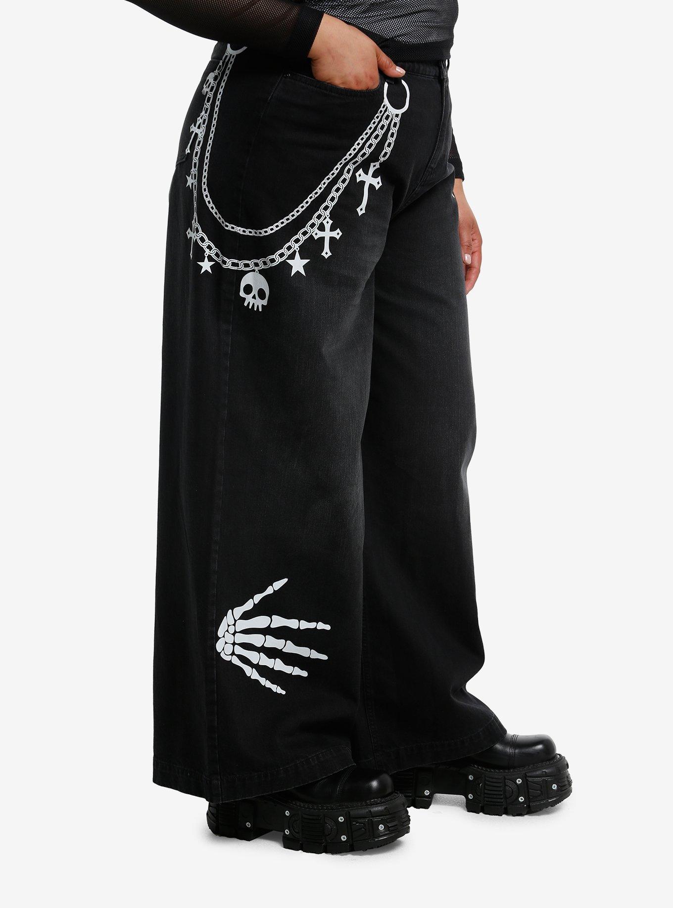 Skeleton Hands Black Wide Leg Jeans Plus Size, BLACK, alternate
