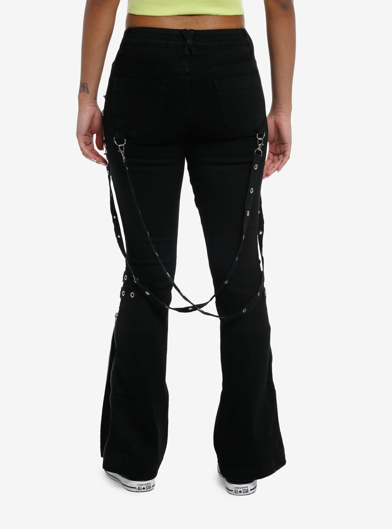 Social Collision Black Zipper Chain Suspender Flare Pants, , hi-res