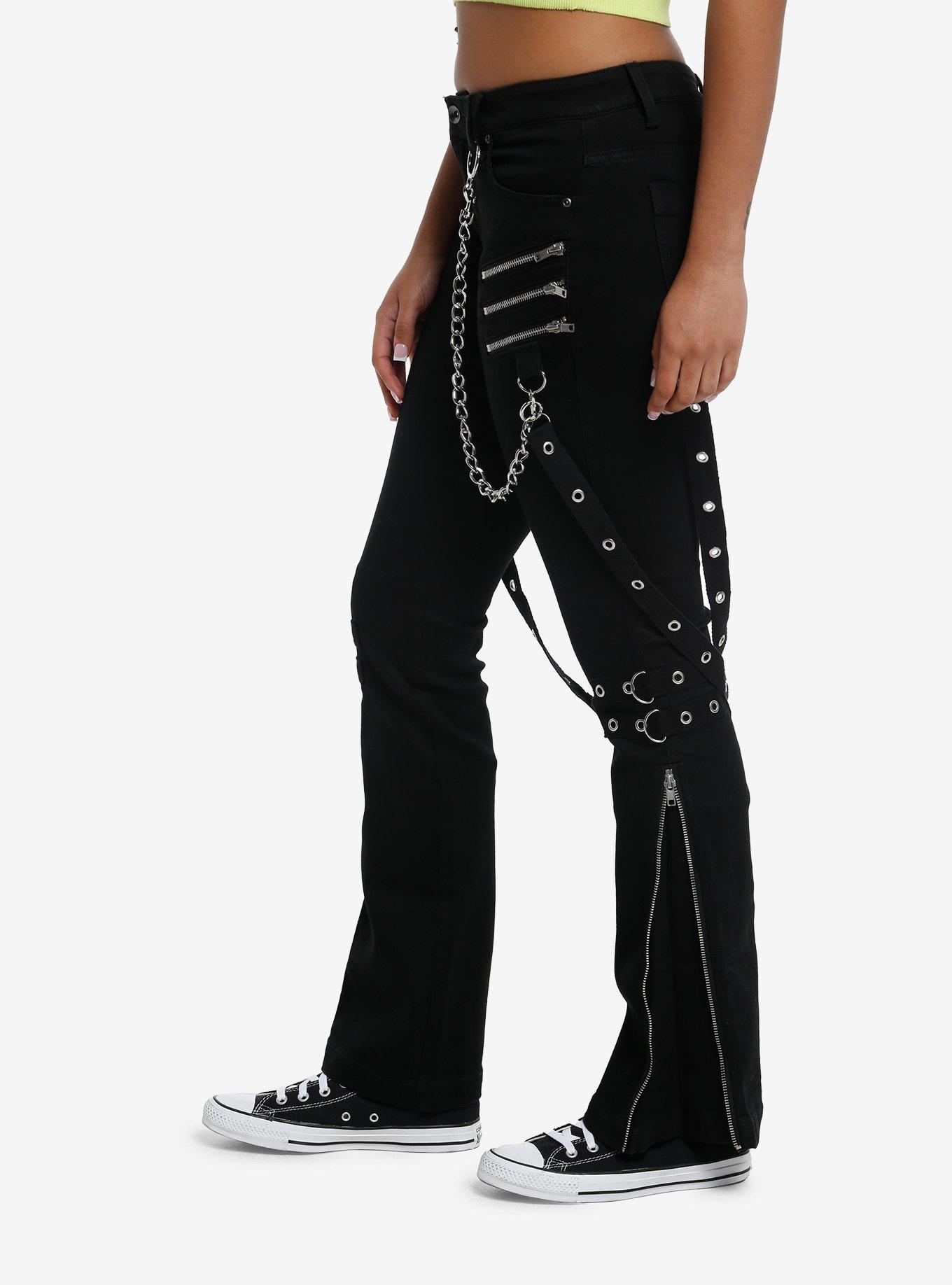 Social Collision Black Zipper Chain Suspender Flare Pants, BLACK, alternate