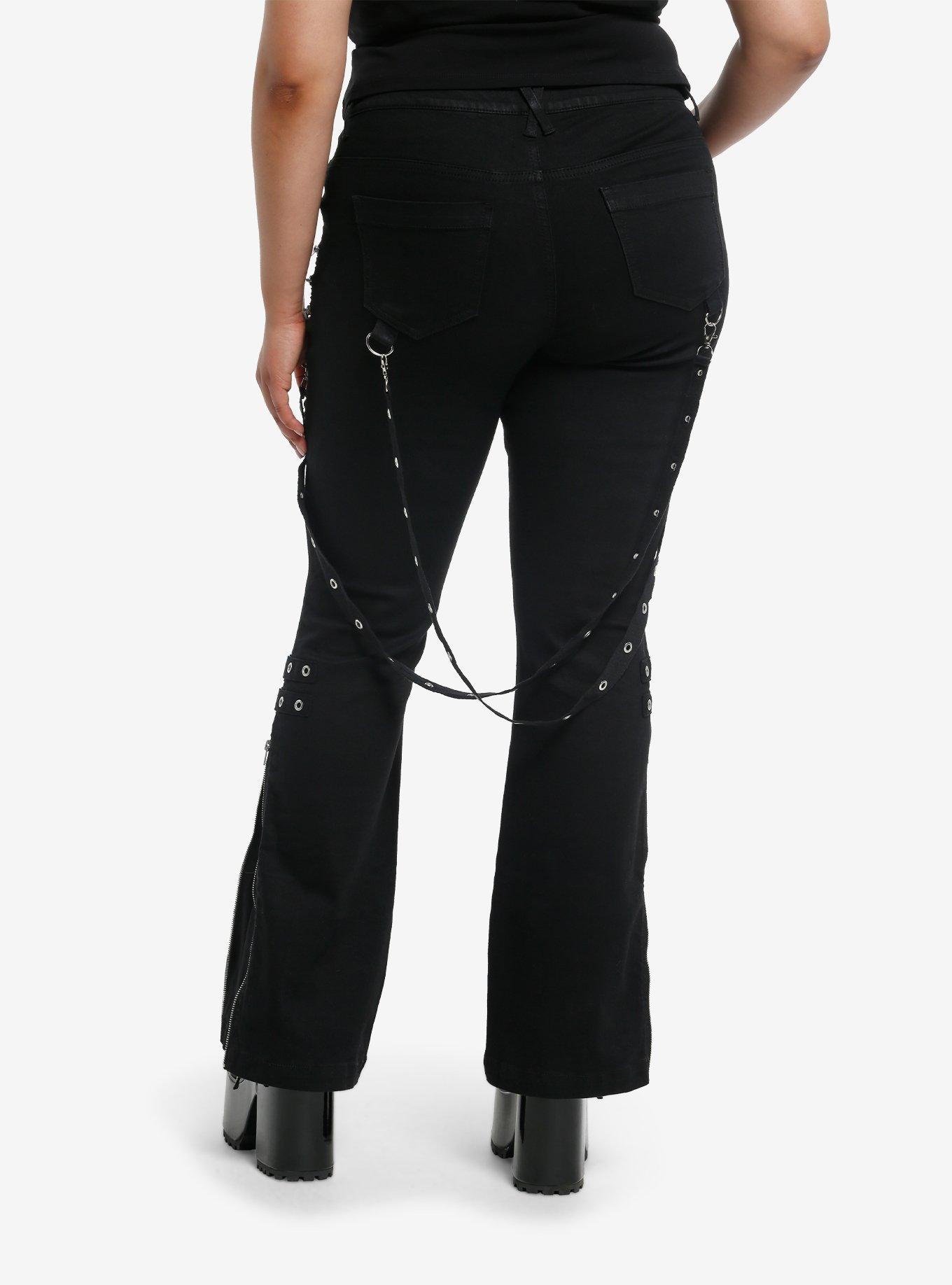 Social Collision Black Zipper Chain Suspender Flare Pants Plus Size, , hi-res