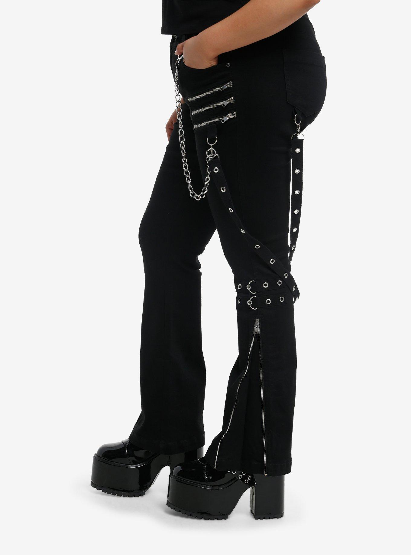 Social Collision Black Zipper Chain Suspender Flare Pants Plus Size, BLACK, alternate