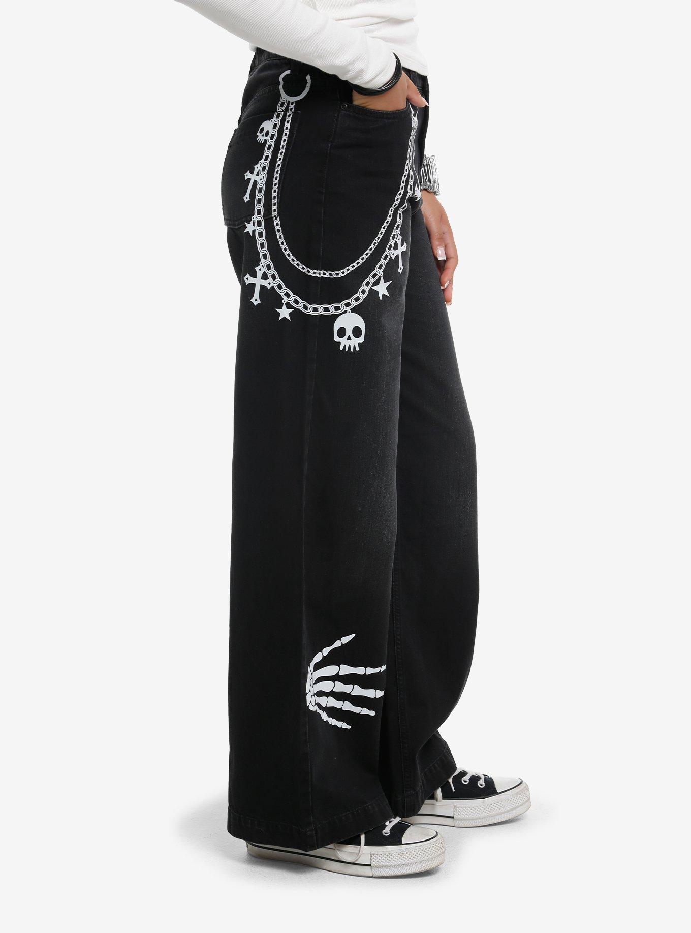 Skeleton Hands Black Wide Leg Jeans, BLACK, alternate
