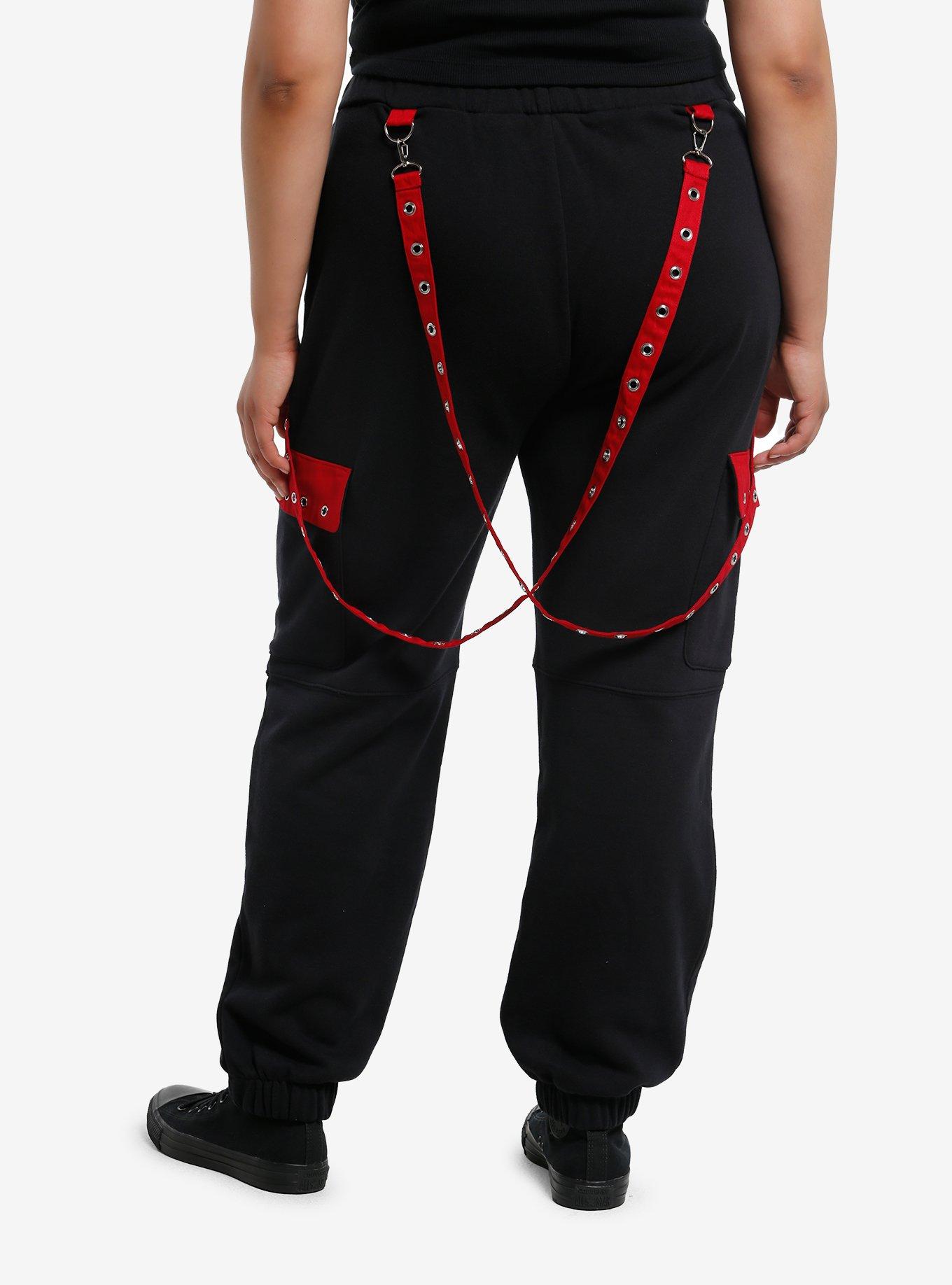 Black & Red Grommet Suspender Girls Jogger Sweatpants Plus Size, , hi-res