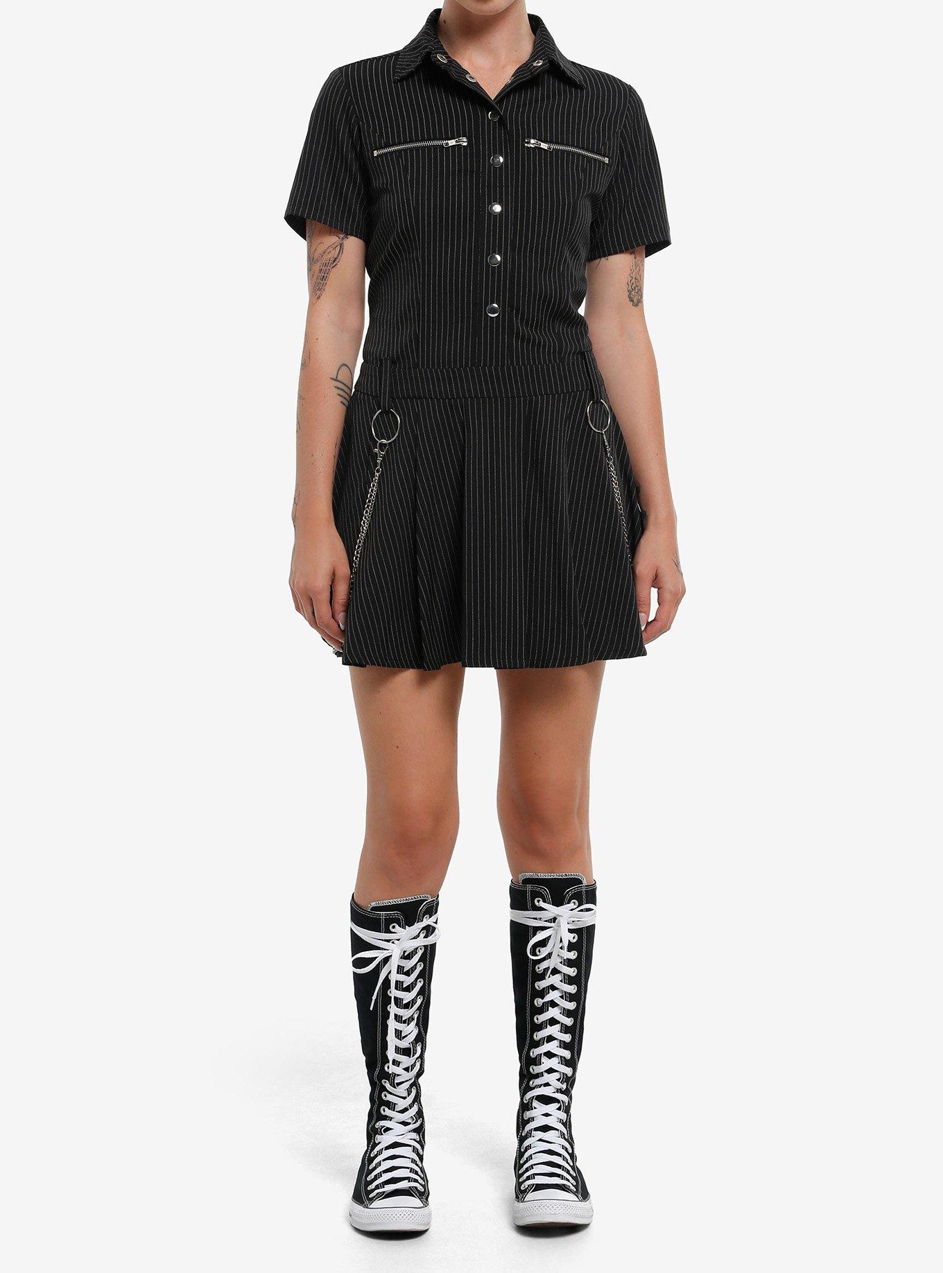 Black Pinstripe Lace-Up Pleated Dress, , hi-res