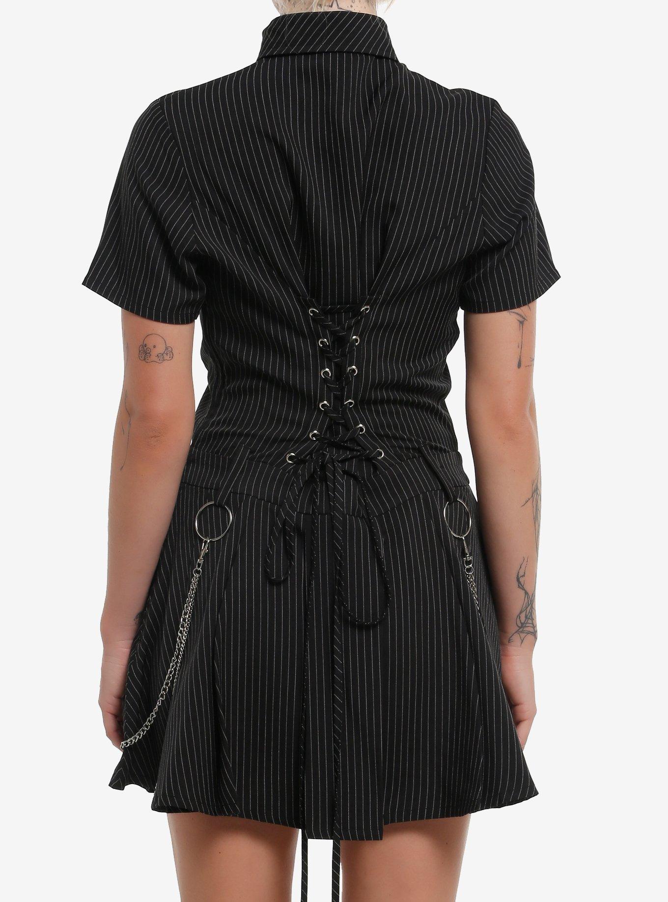 Black Pinstripe Lace-Up Pleated Dress, , alternate