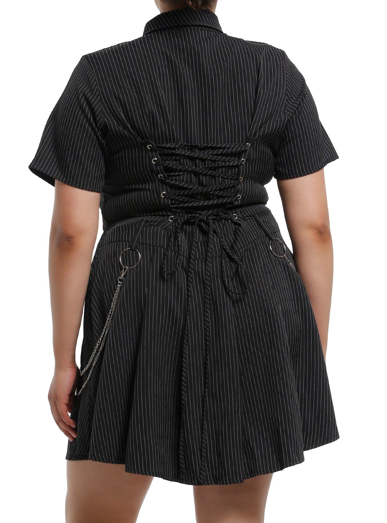 Black Pinstripe Lace-Up Pleated Dress Plus Size, , hi-res