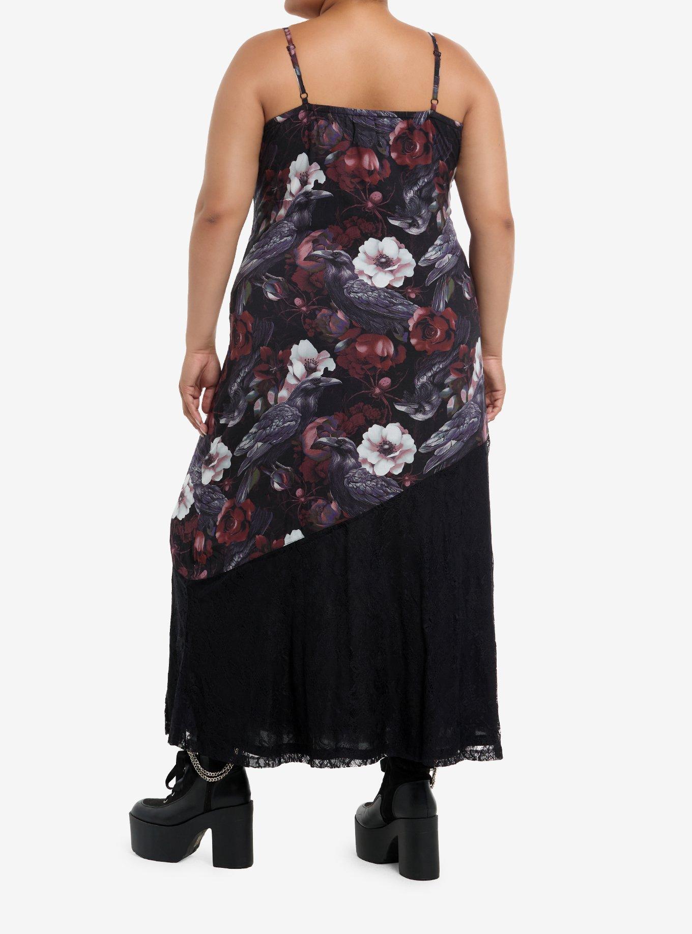 Cosmic Aura Crows & Flowers Lace Panel Maxi Dress Plus Size, , hi-res
