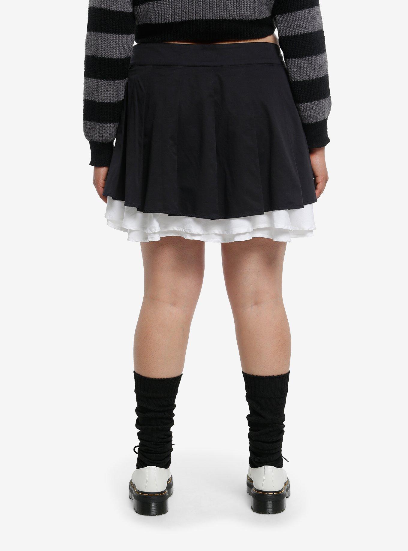 Black Lace-Up White Layered Mini Skirt Plus Size, , hi-res