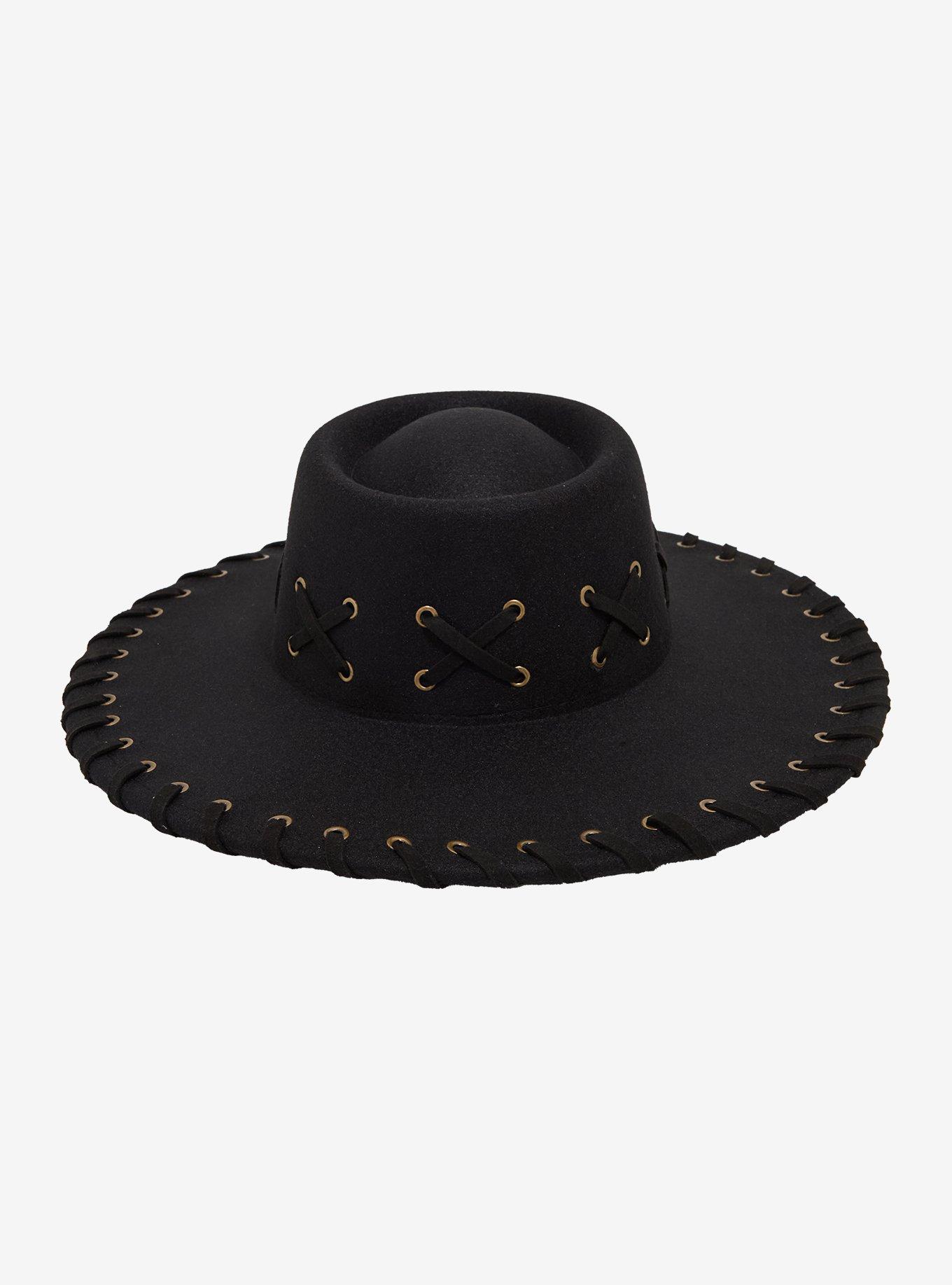 Black Grommet Whipstitch Wide Brim Hat, , hi-res