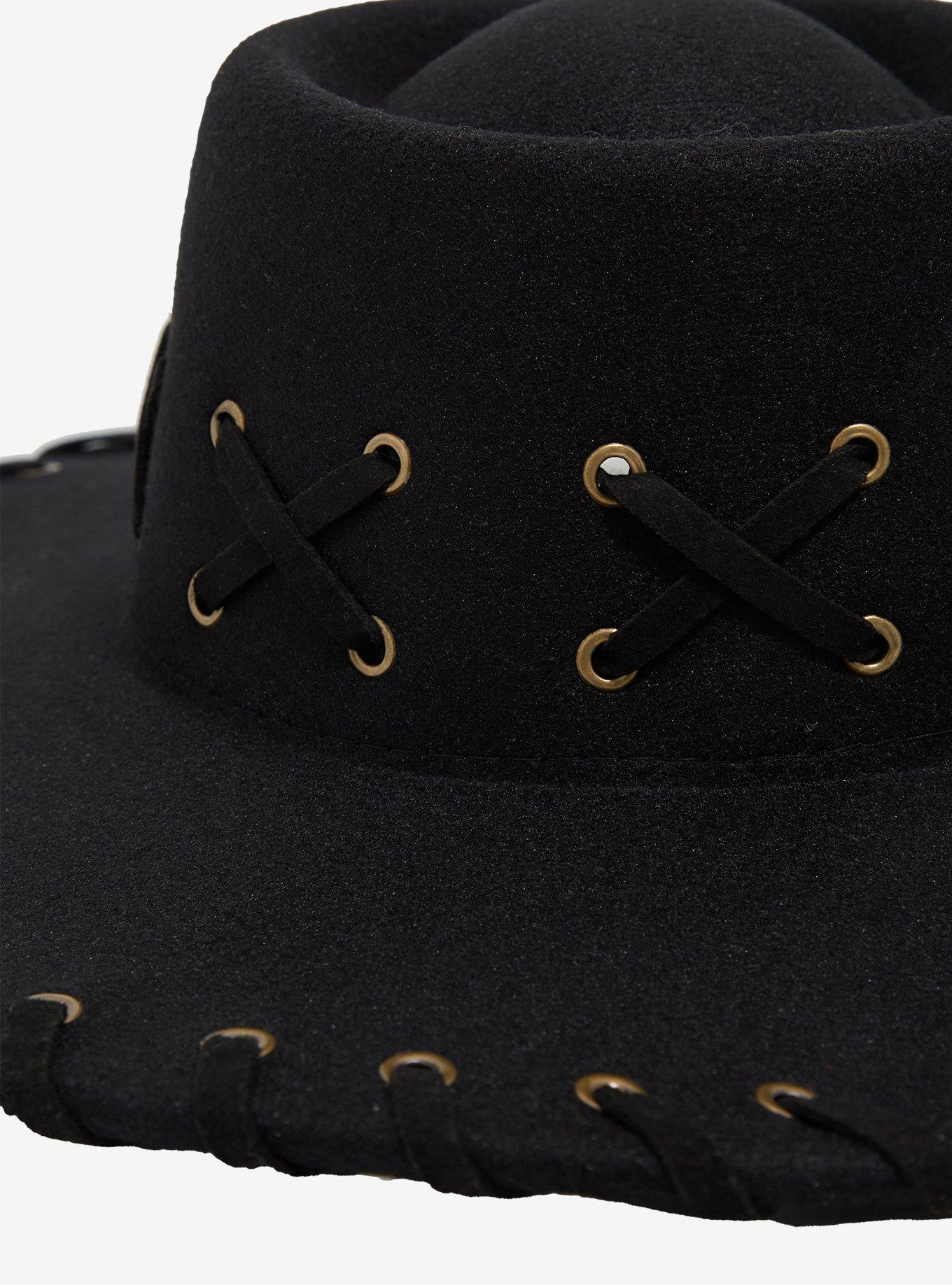 Black Grommet Whipstitch Wide Brim Hat, , alternate