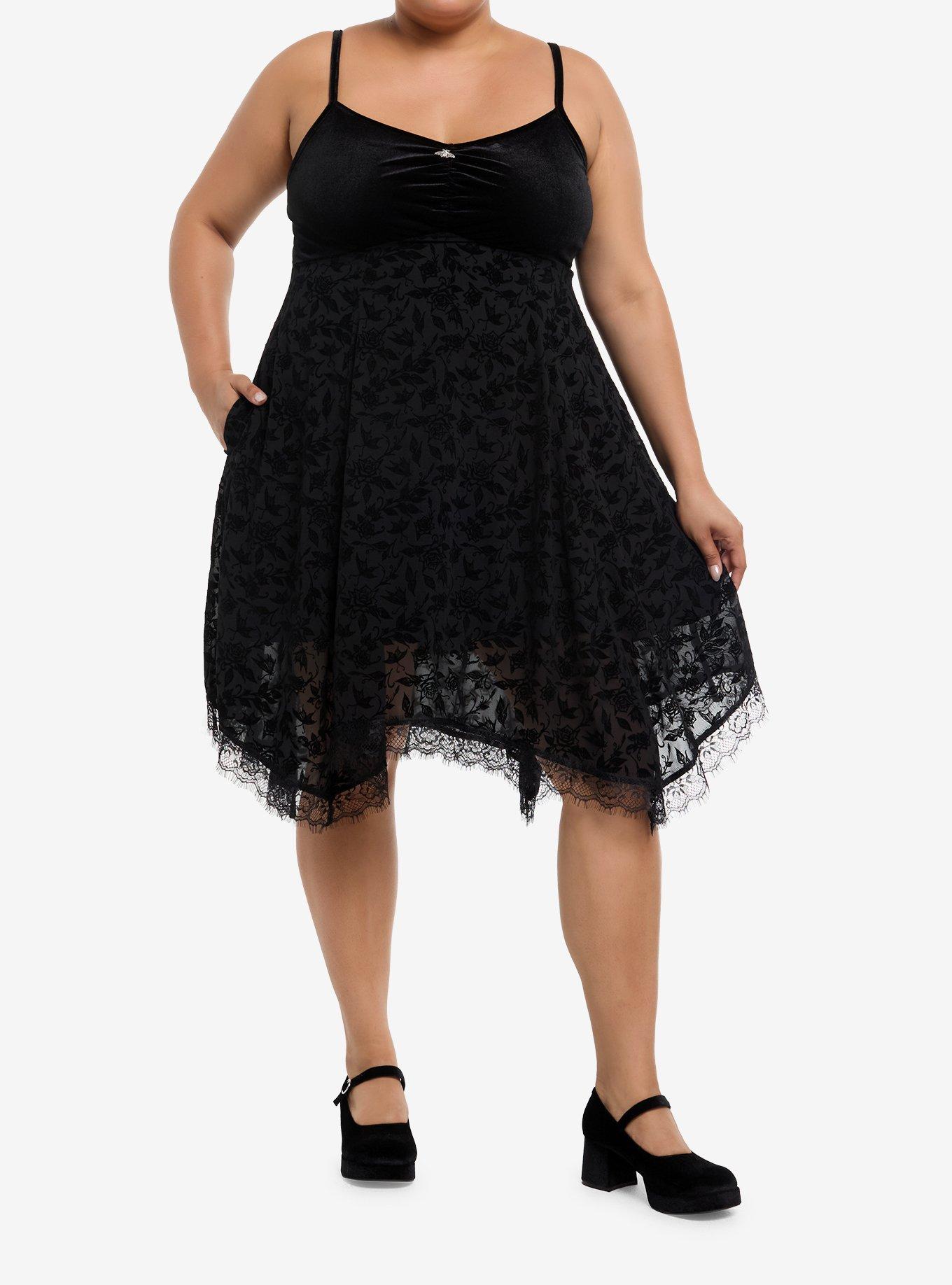 Cosmic Aura Floral Flocked Lace Hanky Hem Cami Dress Plus Size, , hi-res