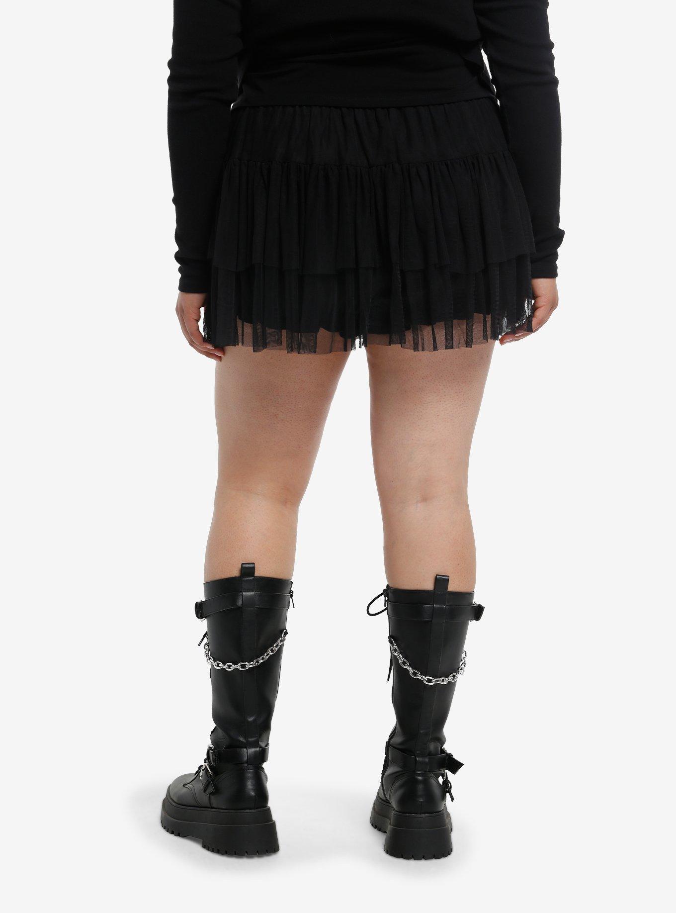 Black Mesh Tiered Low Rise Skort Plus Size, , hi-res