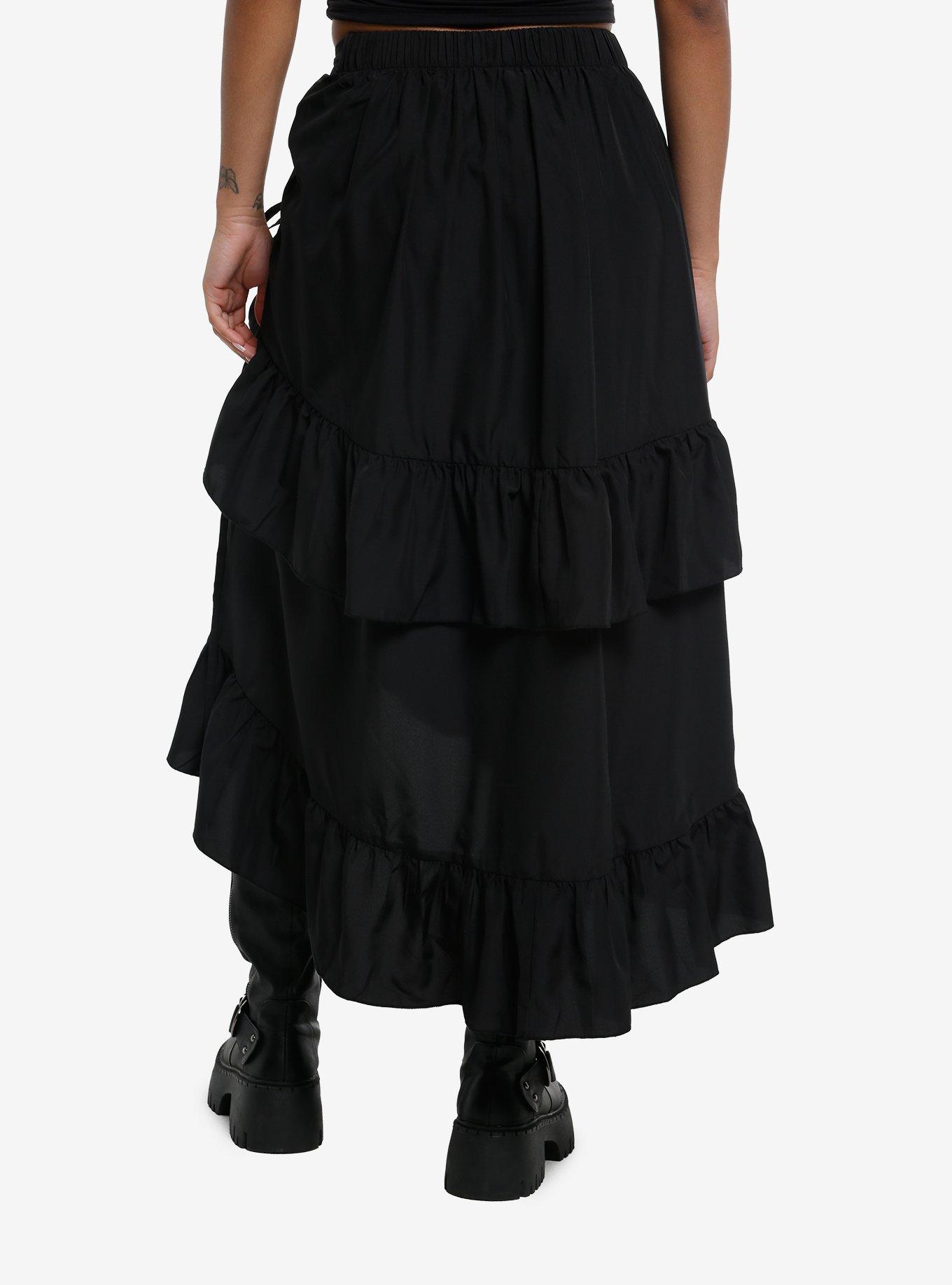 Cosmic Aura Black Asymmetrical Ruffle Tiered Midi Skirt, , hi-res
