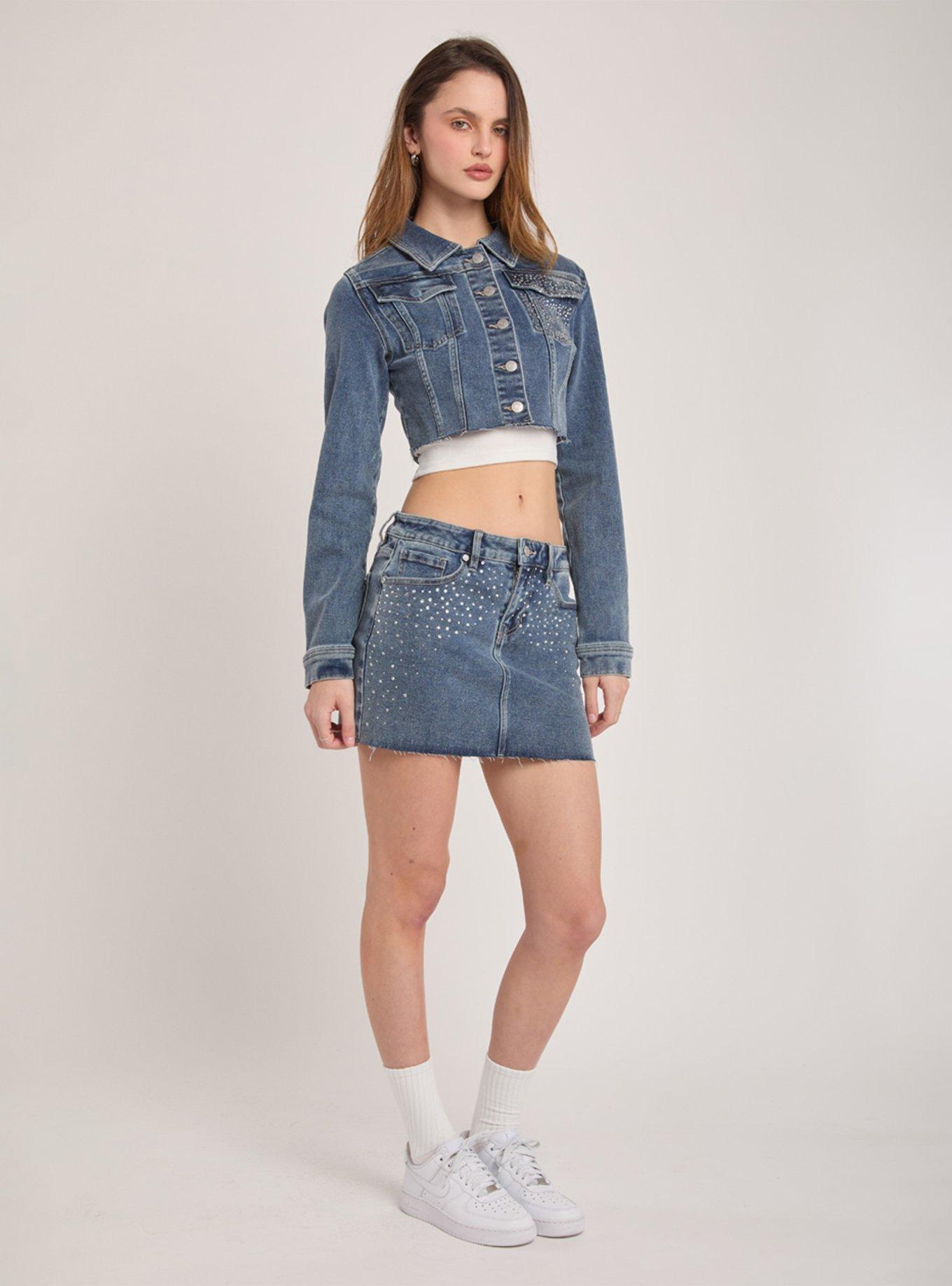Playboy Rhinestone Cropped Denim Jacket, , hi-res