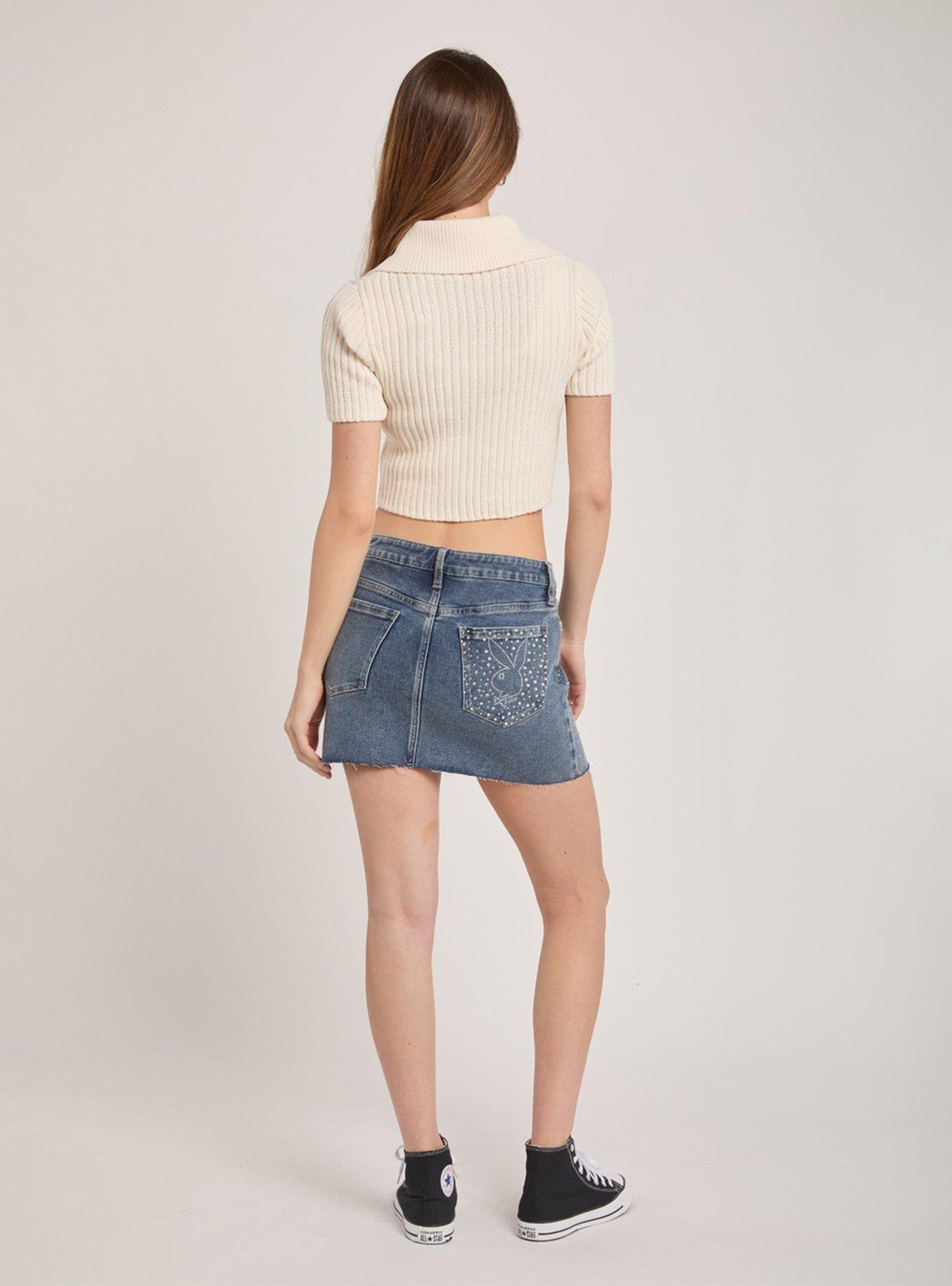 Playboy Rhinestone Raw Hem Denim Skirt, DENIM, alternate
