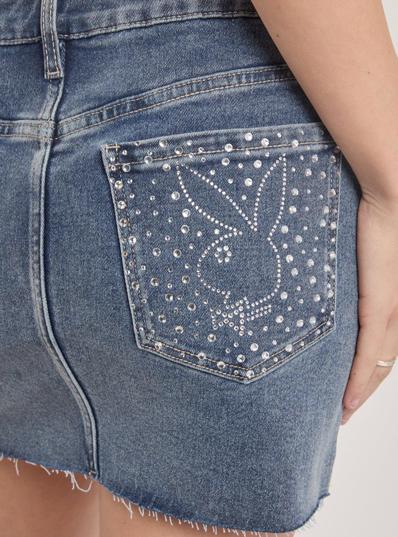 Playboy Rhinestone Raw Hem Denim Skirt, DENIM, alternate