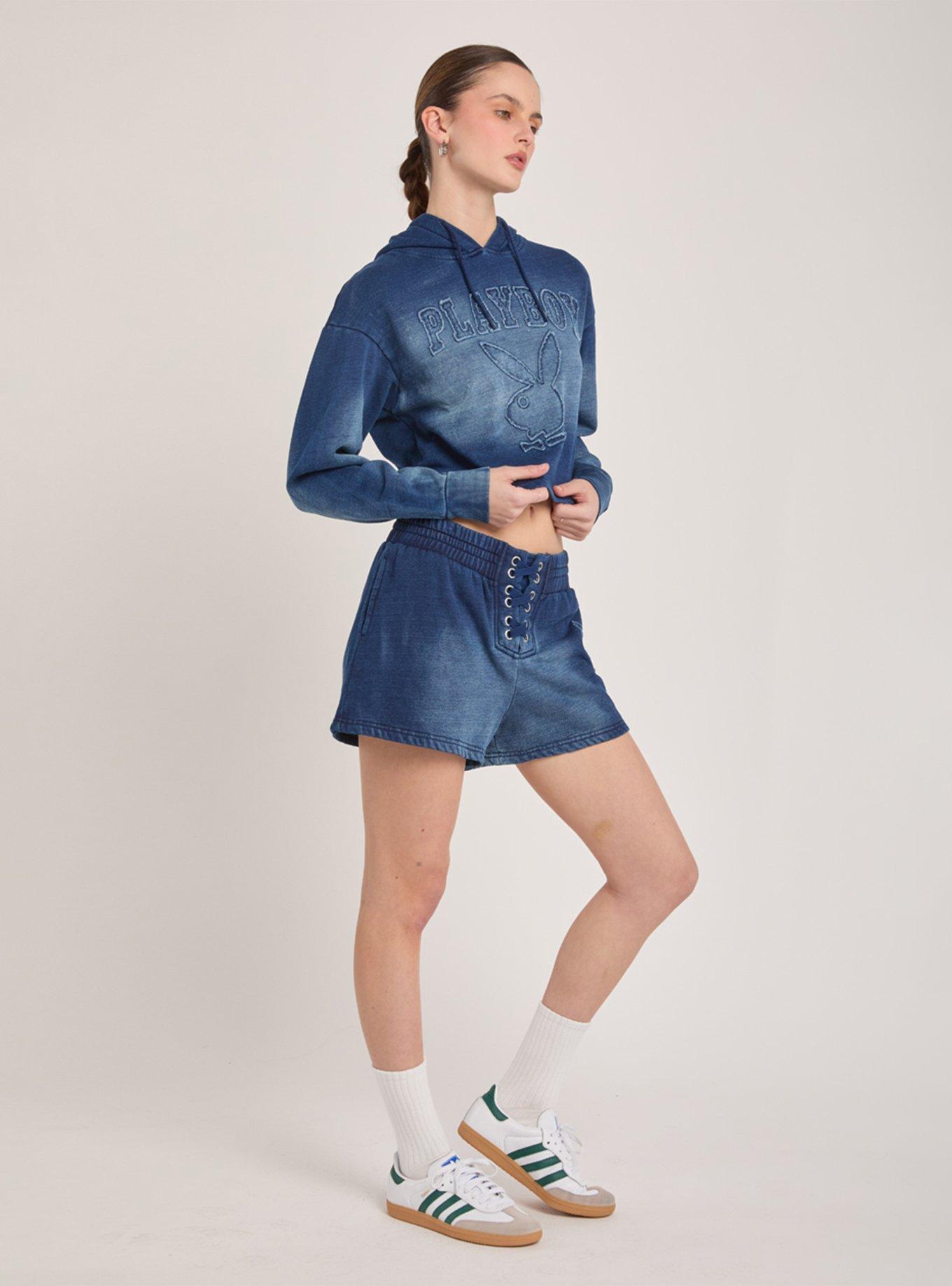 Playboy Indigo Knit Lace Back Hoodie, , hi-res