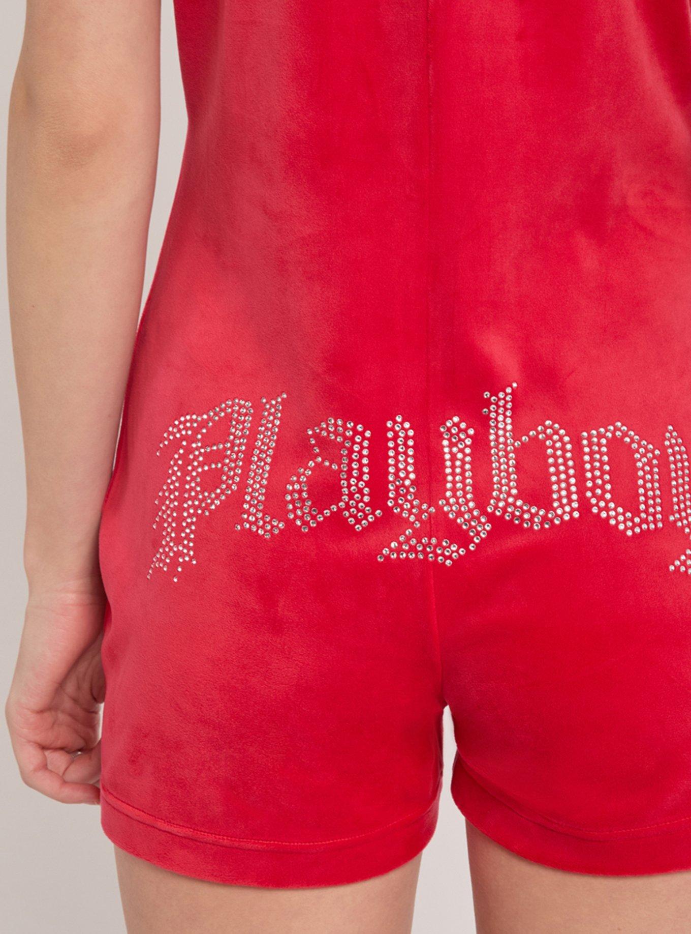 Playboy Red Rhinestone Zip-Front Velour Bodysuit, RED, alternate