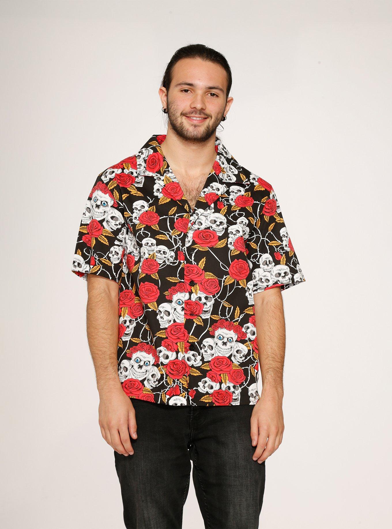 Black Red Rose Skulls Button-Up Shirt, BLACK  RED, alternate
