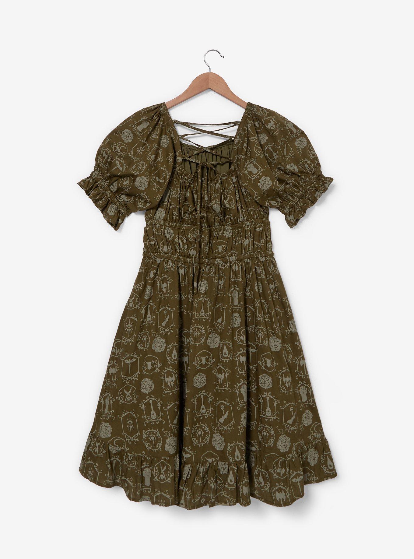 Dungeons & Dragons Icons Allover Print Plus Size Smock Dress - BoxLunch Exclusive, GREEN  OLIVE, alternate