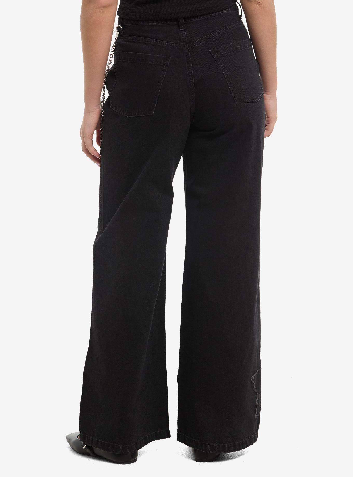 Social Collision Black Star Patch & Chain Girls Wide Leg Jeans, , hi-res