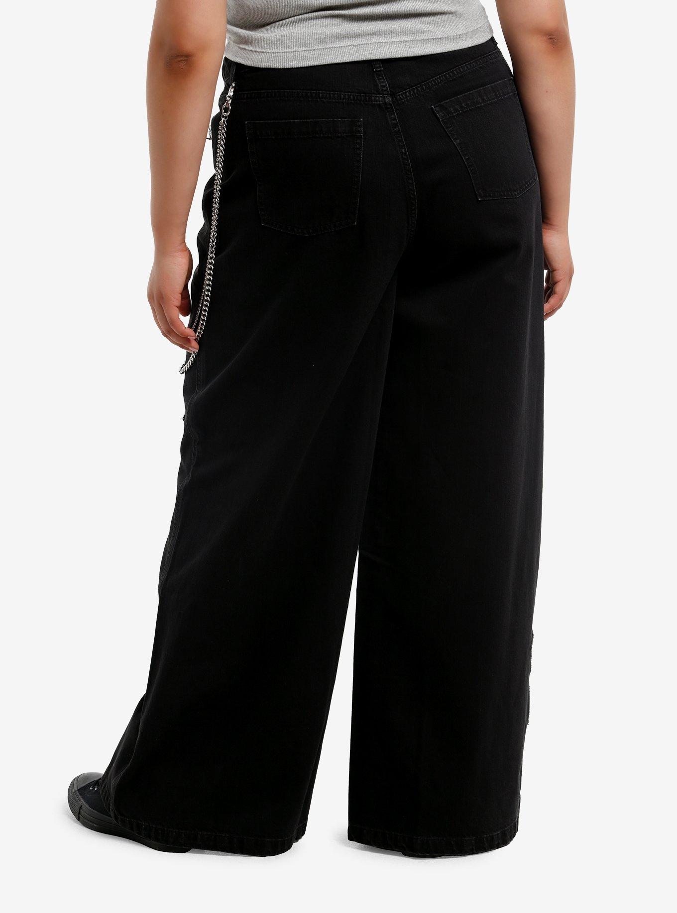 Social Collision Black Star Patch & Chain Girls Wide Leg Jeans Plus Size, , hi-res