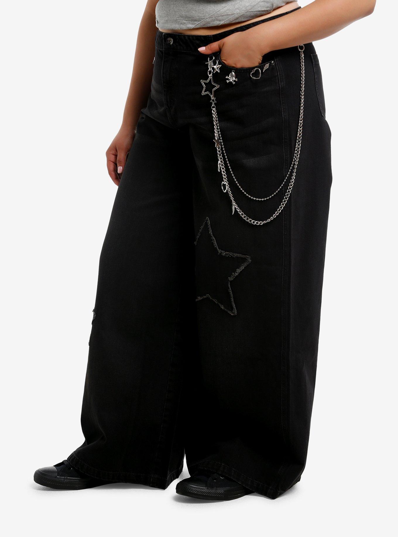 Social Collision Black Star Patch & Chain Girls Wide Leg Jeans Plus Size, BLACK, alternate