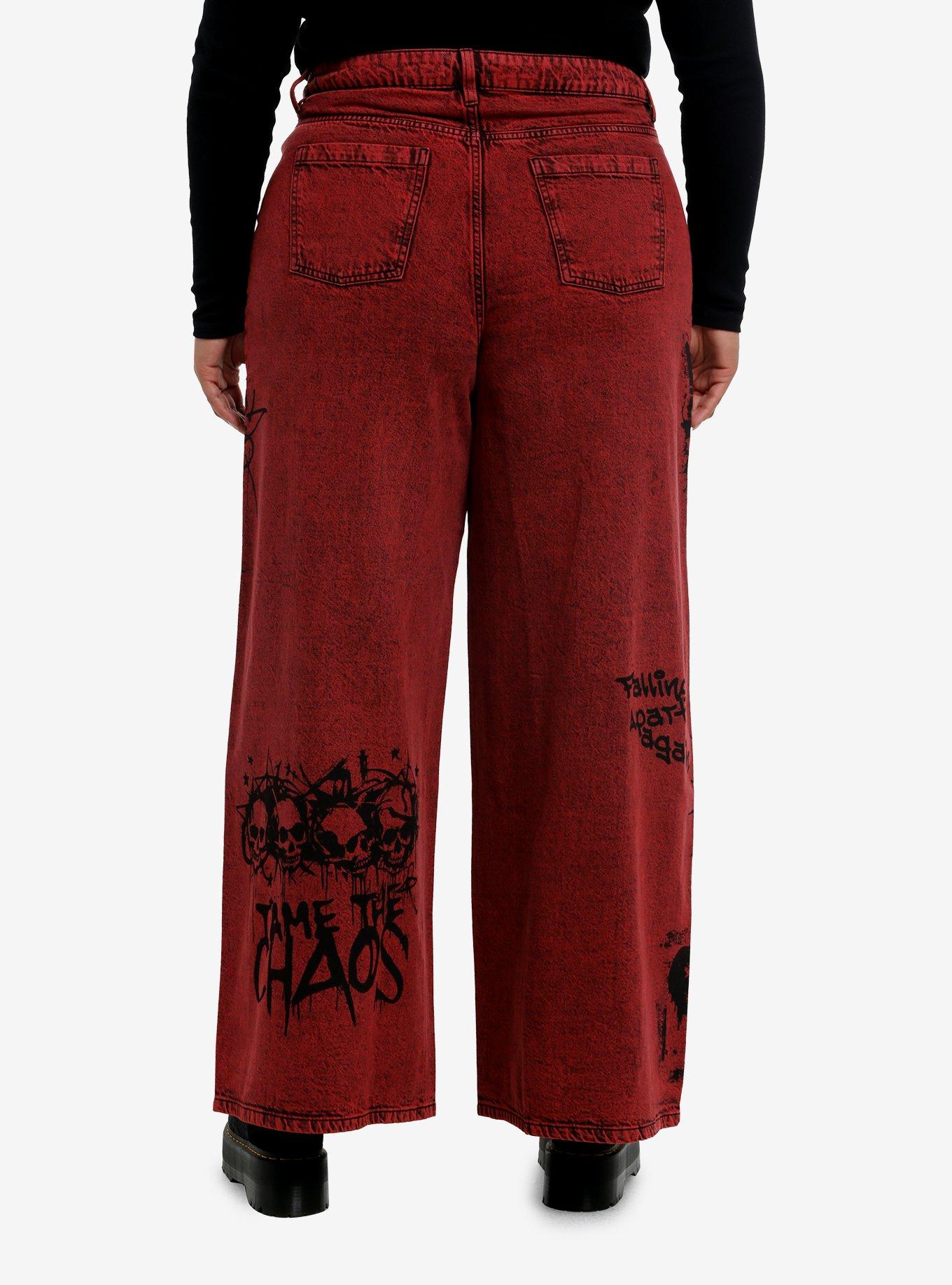 Social Collision Skeleton Red Wash Wide Leg Jeans Plus Size, , hi-res