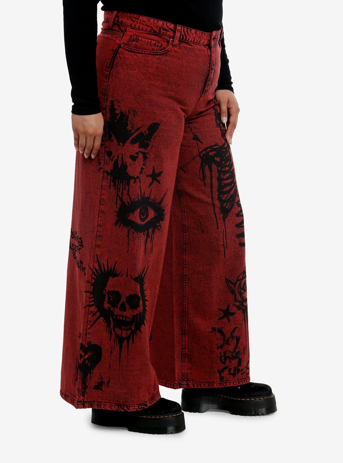Social Collision Skeleton Red Wash Wide Leg Jeans Plus Size, BLACK, alternate