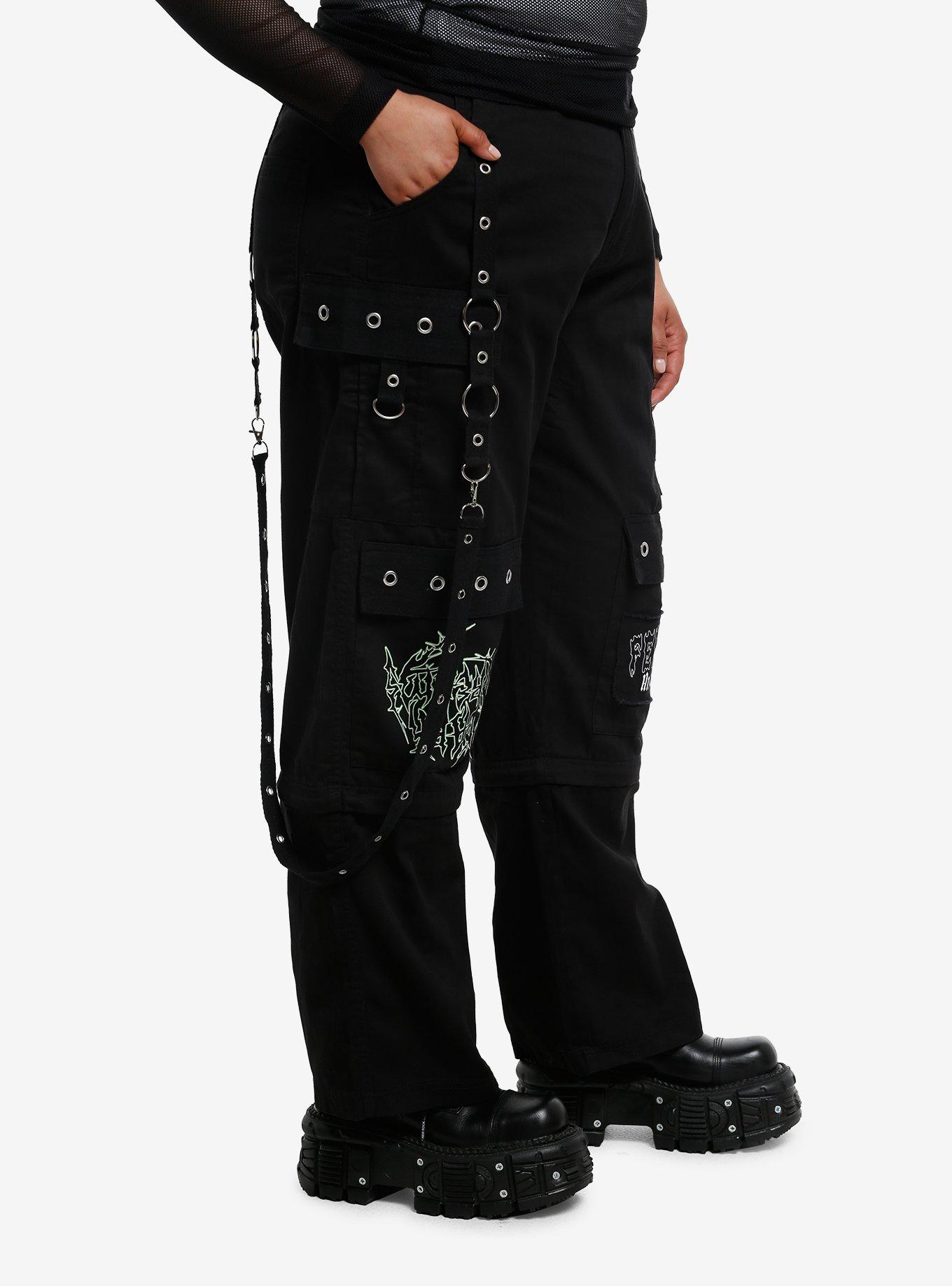 Black Patches Grommet Suspender Girls Cargo Pants Plus Size, BLACK, alternate