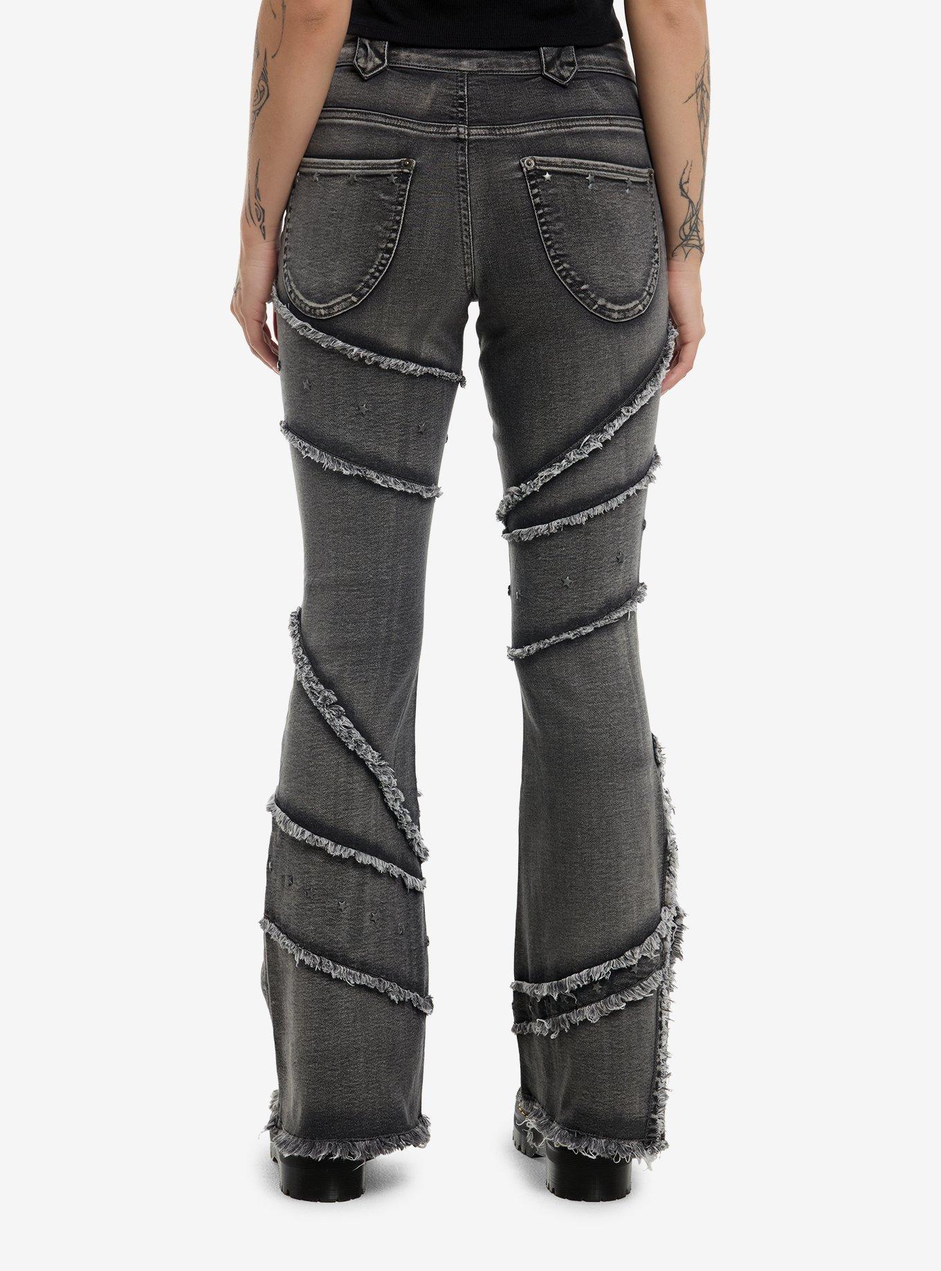 Faded Black Raw Edge Seamed Flare Jeans, , hi-res