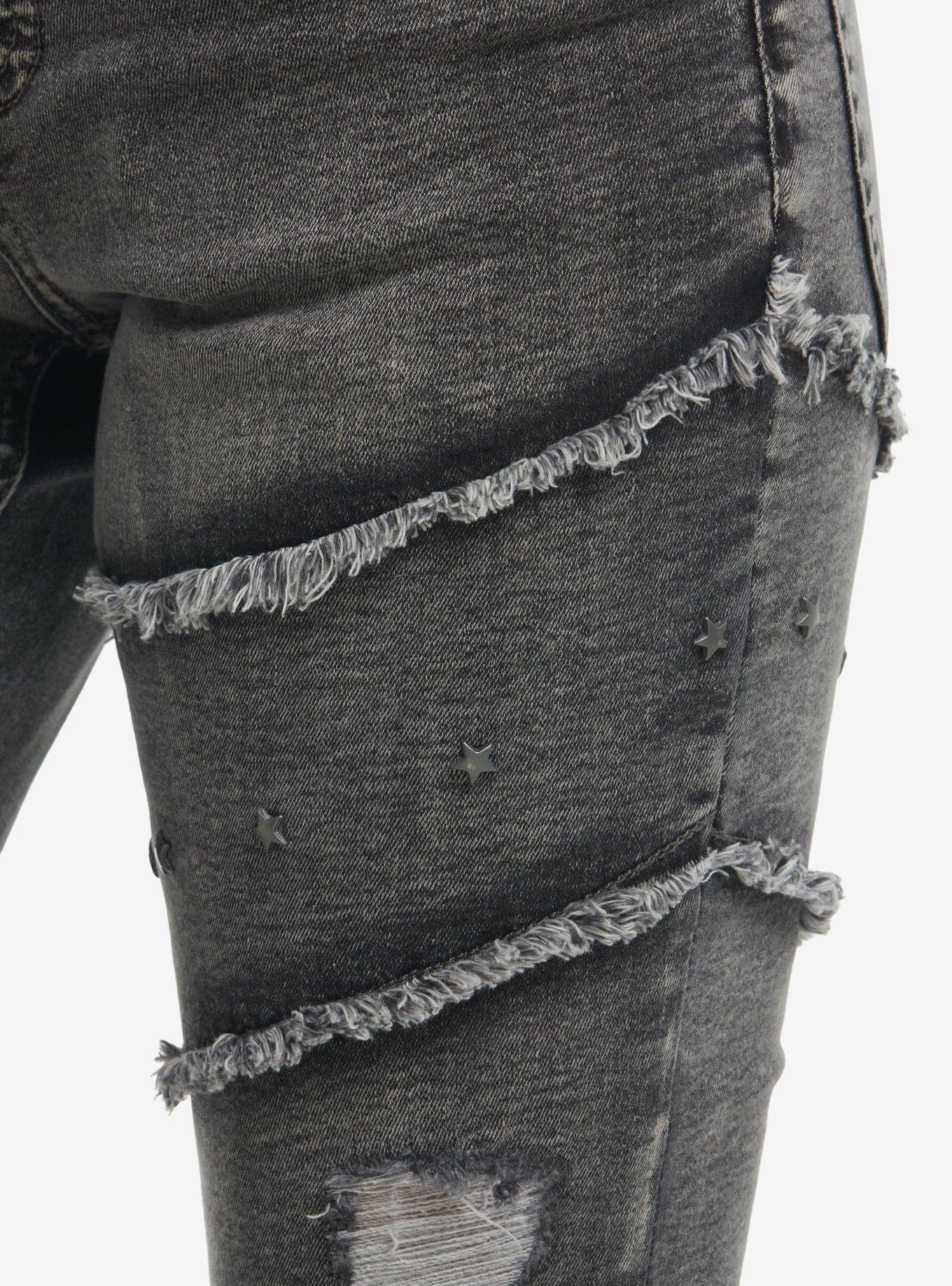 Faded Black Raw Edge Seamed Flare Jeans, GREY, alternate