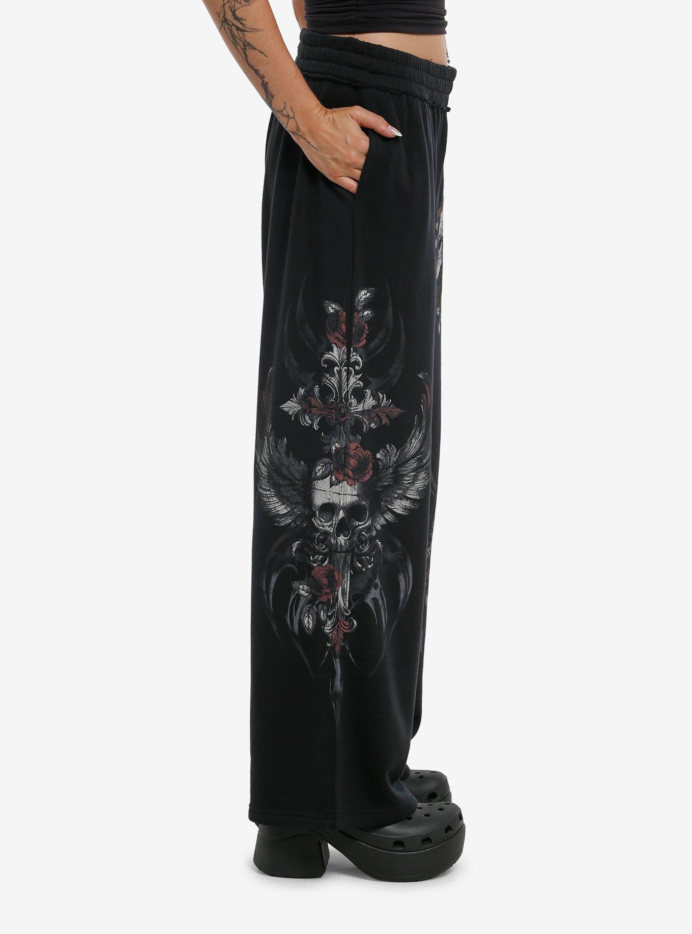 Gothic Cross & Skull Girls Lounge Pants, BLACK, alternate