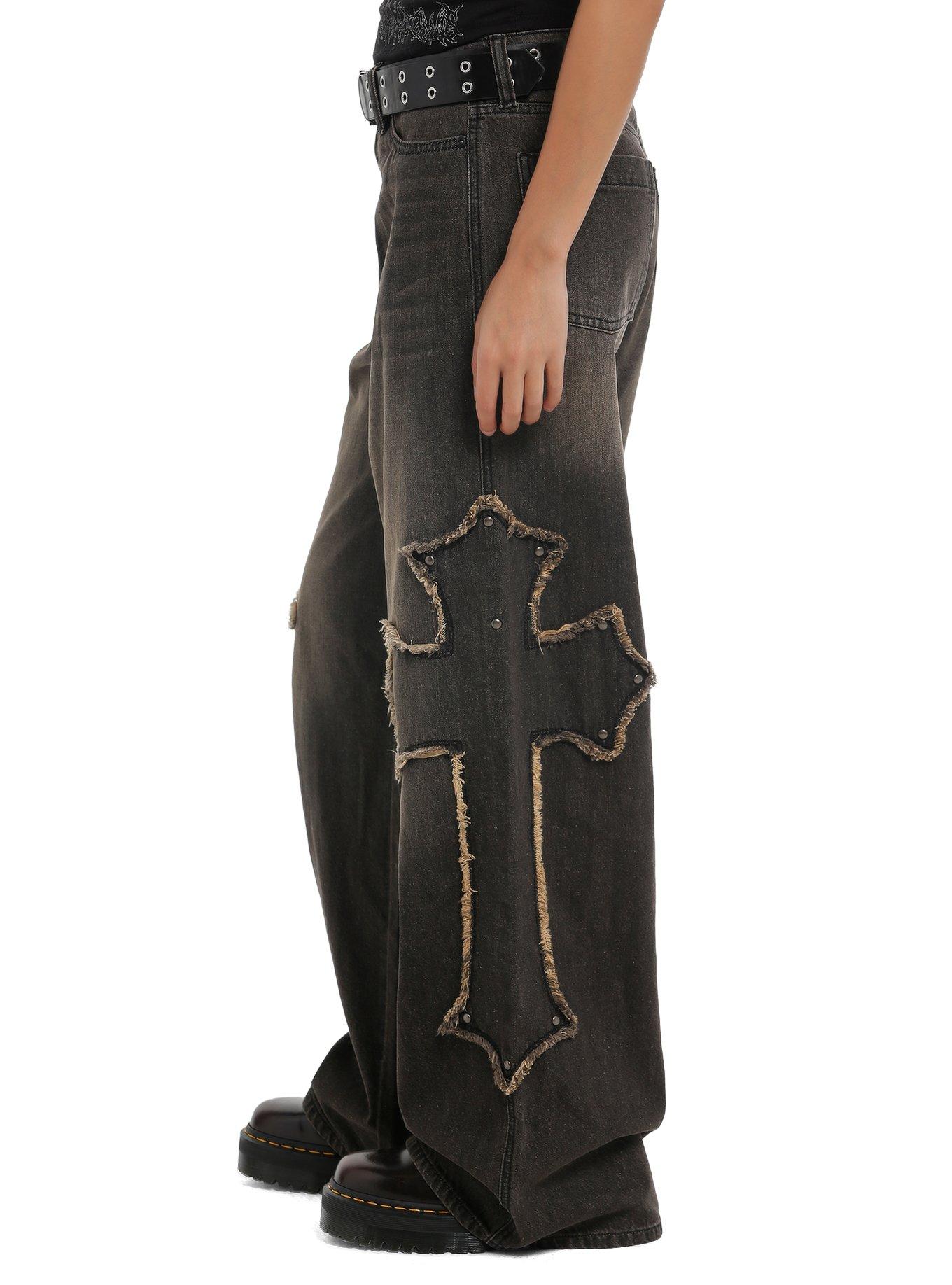 Social Collision Black Vintage Wash Gothic Cross Girls Wide Leg Jeans, BROWN, alternate