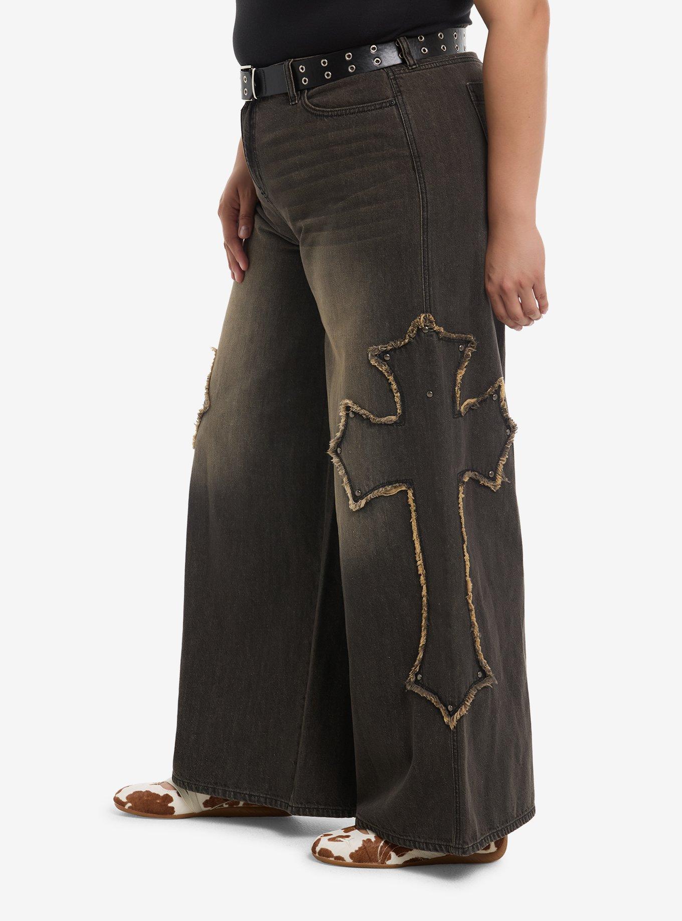 Social Collision Black Vintage Wash Gothic Cross Girls Wide Leg Jeans Plus Size, BROWN, alternate