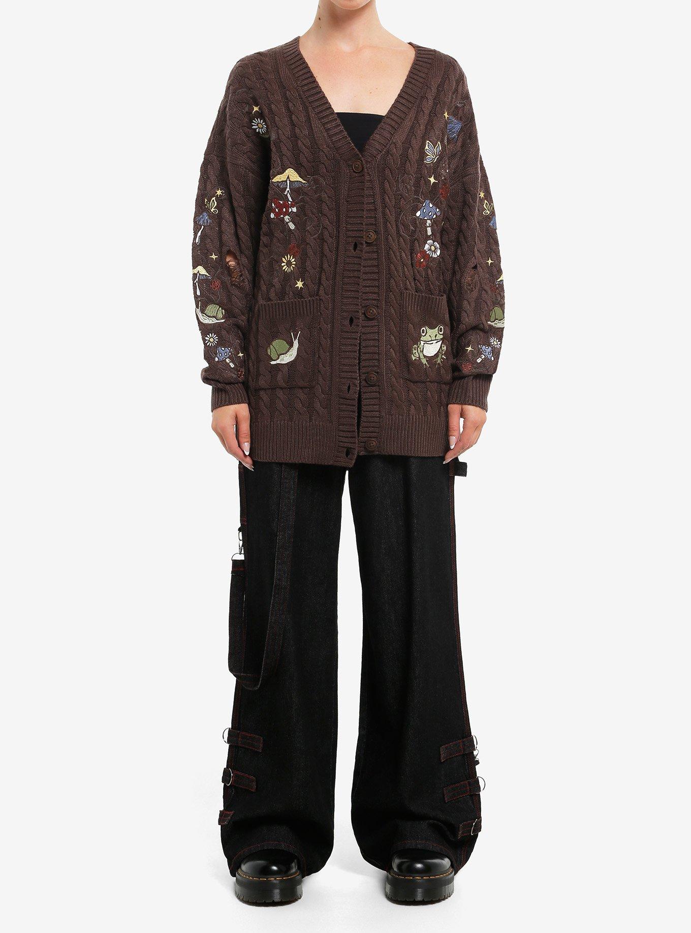 Thorn & Fable Mushroom & Frog Cable Knit Girls Cardigan, , hi-res
