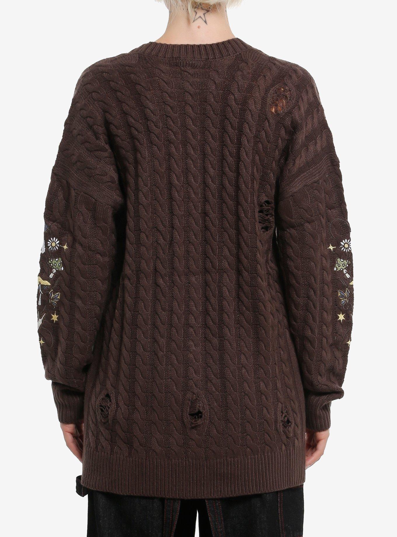Thorn & Fable Mushroom & Frog Cable Knit Girls Cardigan, BROWN, alternate